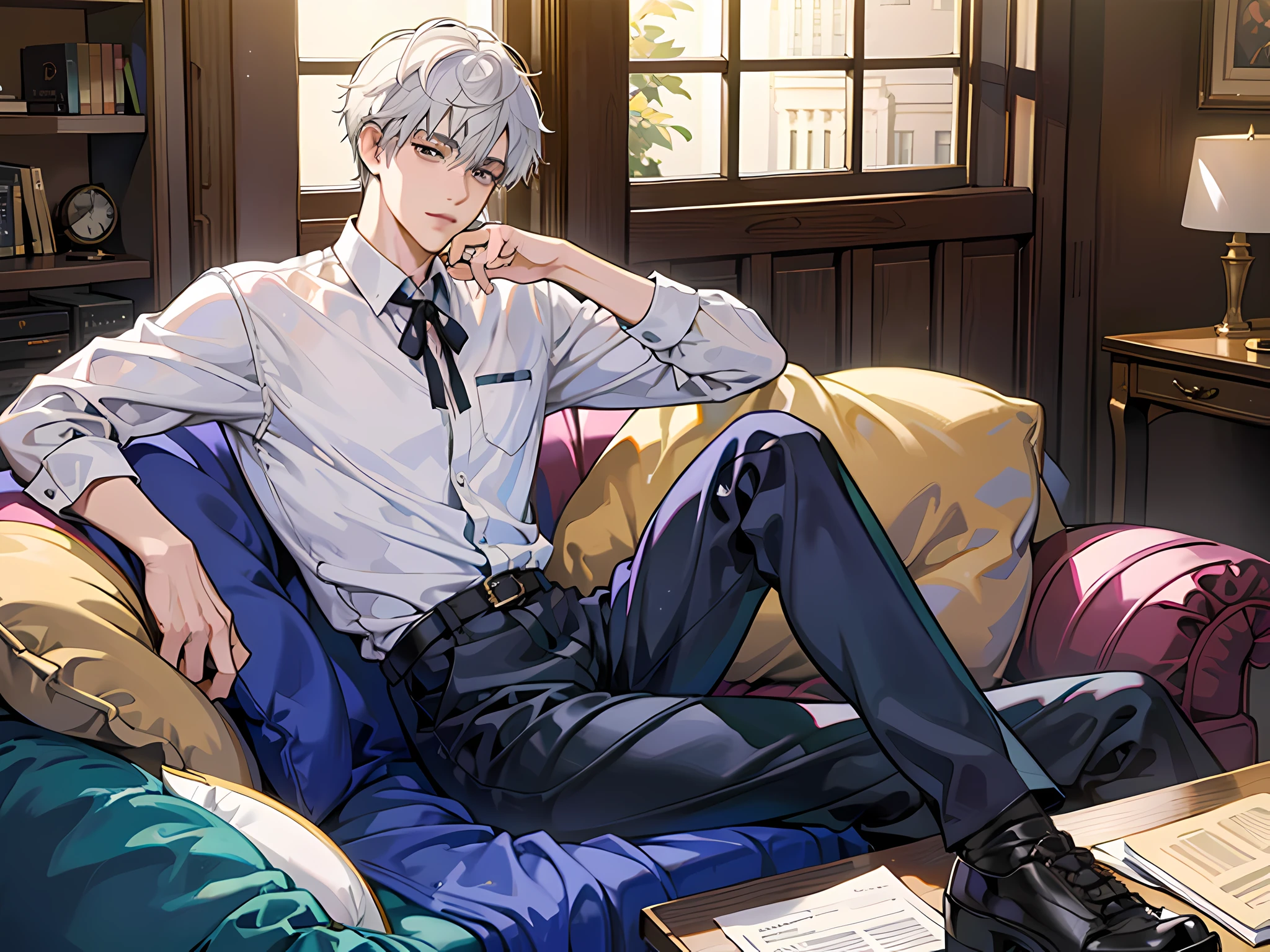 A man with short white hair, delicate face, dressed in casual clothes, urban handsome, star, at home, sofa, desk