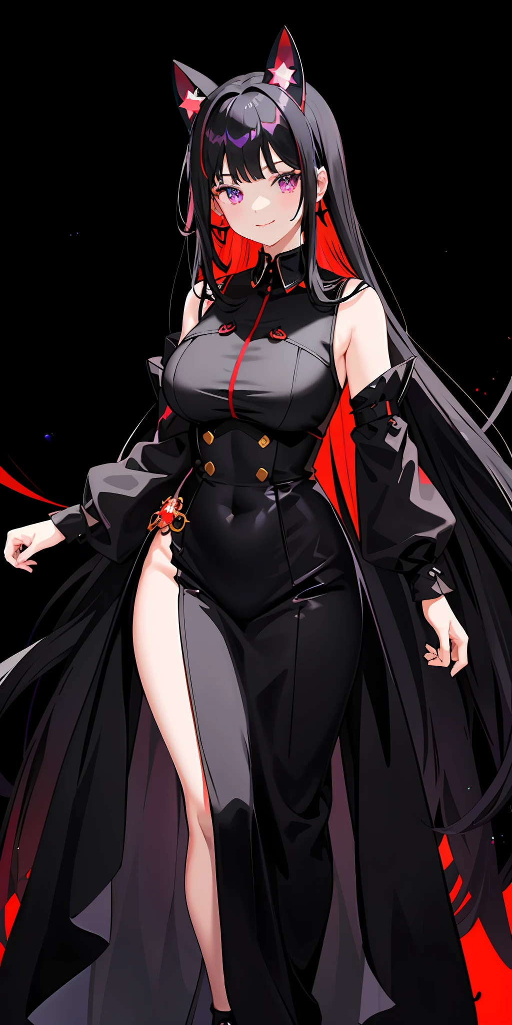 a 1girl, bright, black hair, red mesh, semi-long, star motif, multicolored hair, purple eyes, saleme, head mask, side lights, light particles, wallpaper, big, plump, plump idol, idol costume, loose fluffy, quiet, smile, gentle, clear,