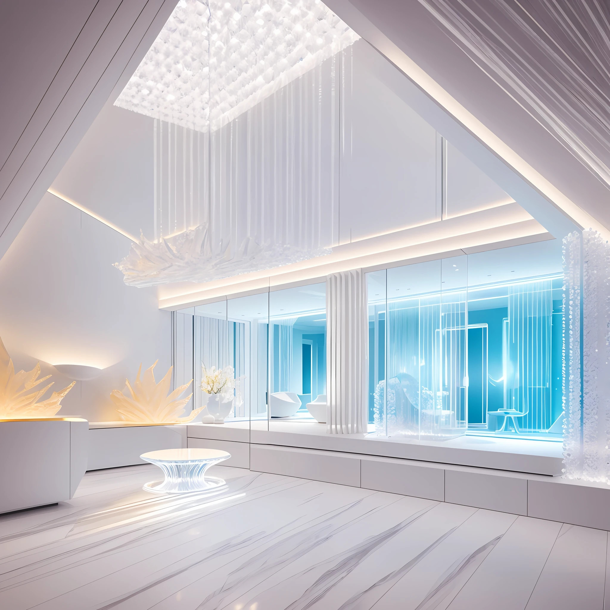 Ultra-high - detail. A futuristic room built of crystal, covered in white light. Furniture with a modern artistic design that shines from the inside. Emitting a shining golden aura, a single light extra-dimensional life form lives. --auto --s2