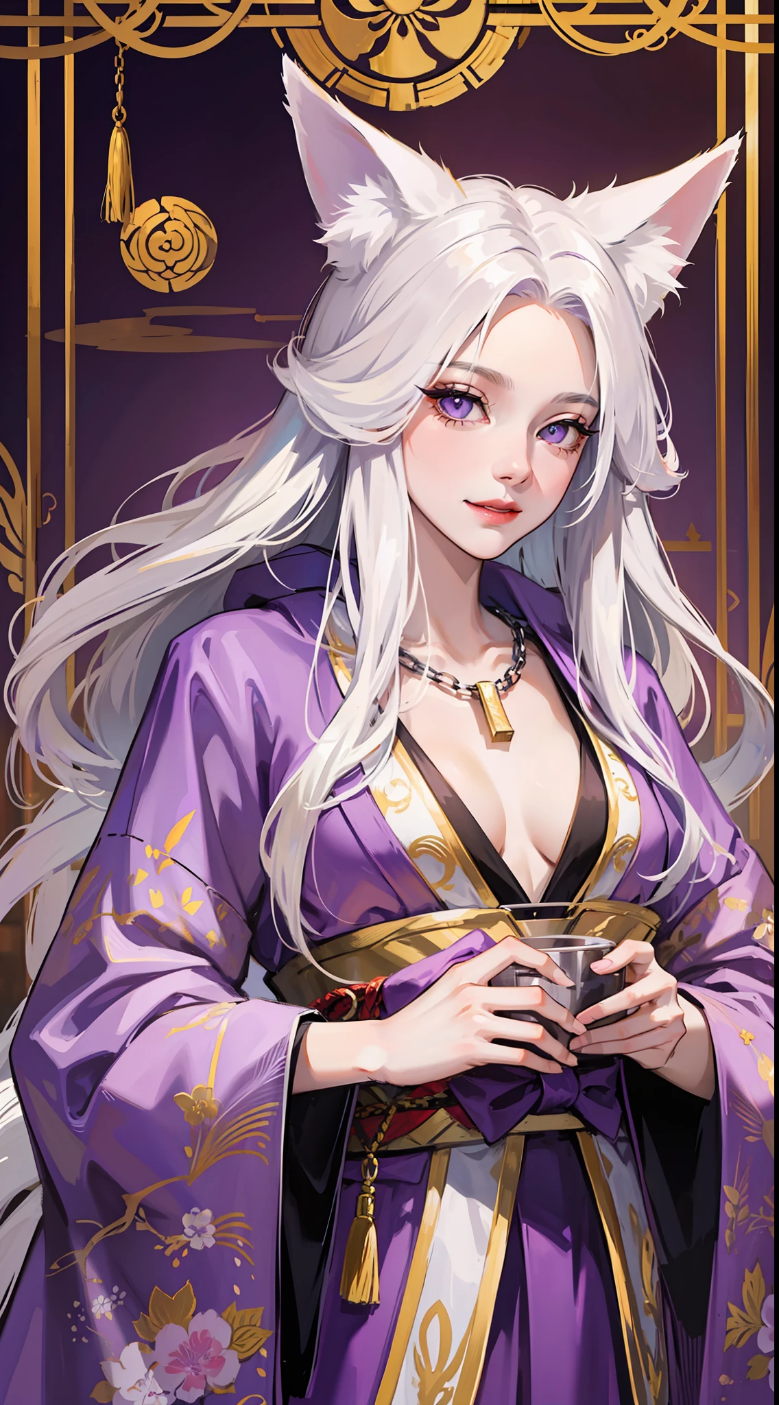 Tall guy, long white hair, fox ears, purple eyes, open kimono, open chest, chains, smile, masterpiece, high quality