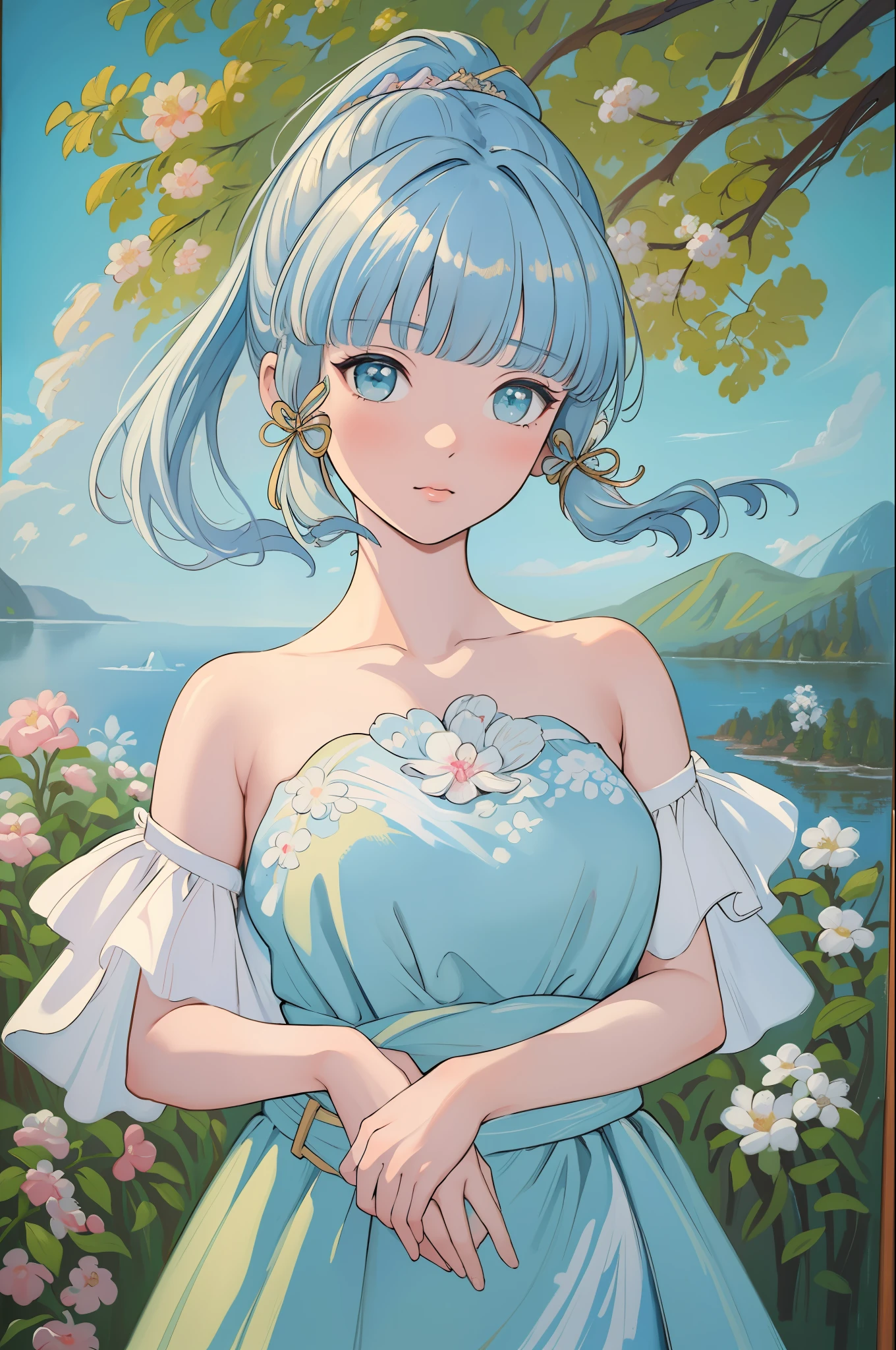 masterpiece, best quality, an extremely delicate and beautiful girl,an extremely delicate and beautiful, world masterpiece theater, ultra-detailed, highly detailed, best quality, cyan hair, highres, extremely detailed,1girl, best quality, (illustration:1.1), looking at viewer, impasto, canvas, ((oil painting:1.3)), realistic, realist ,real, (ayaka kamisato)
