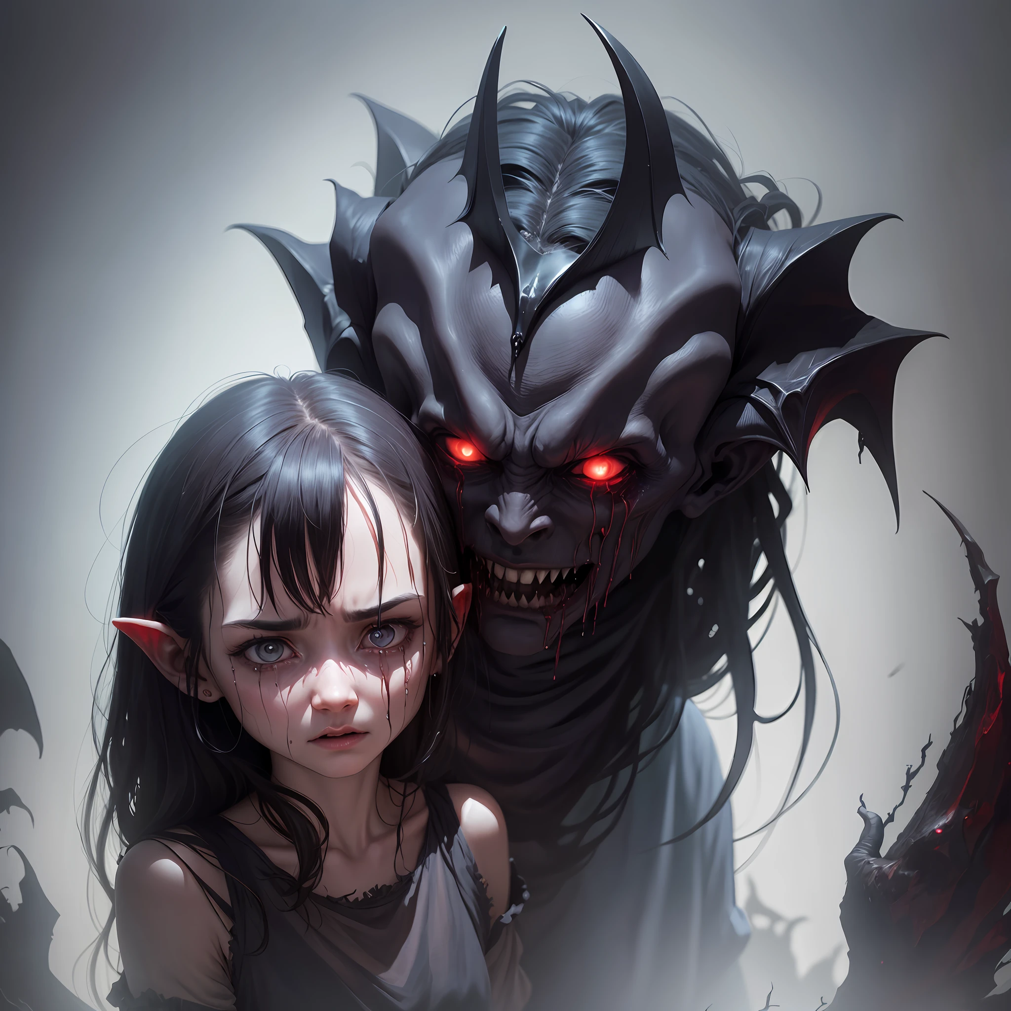 Dark demonic creature with a scared crying human who is about to offer his soul to this creature