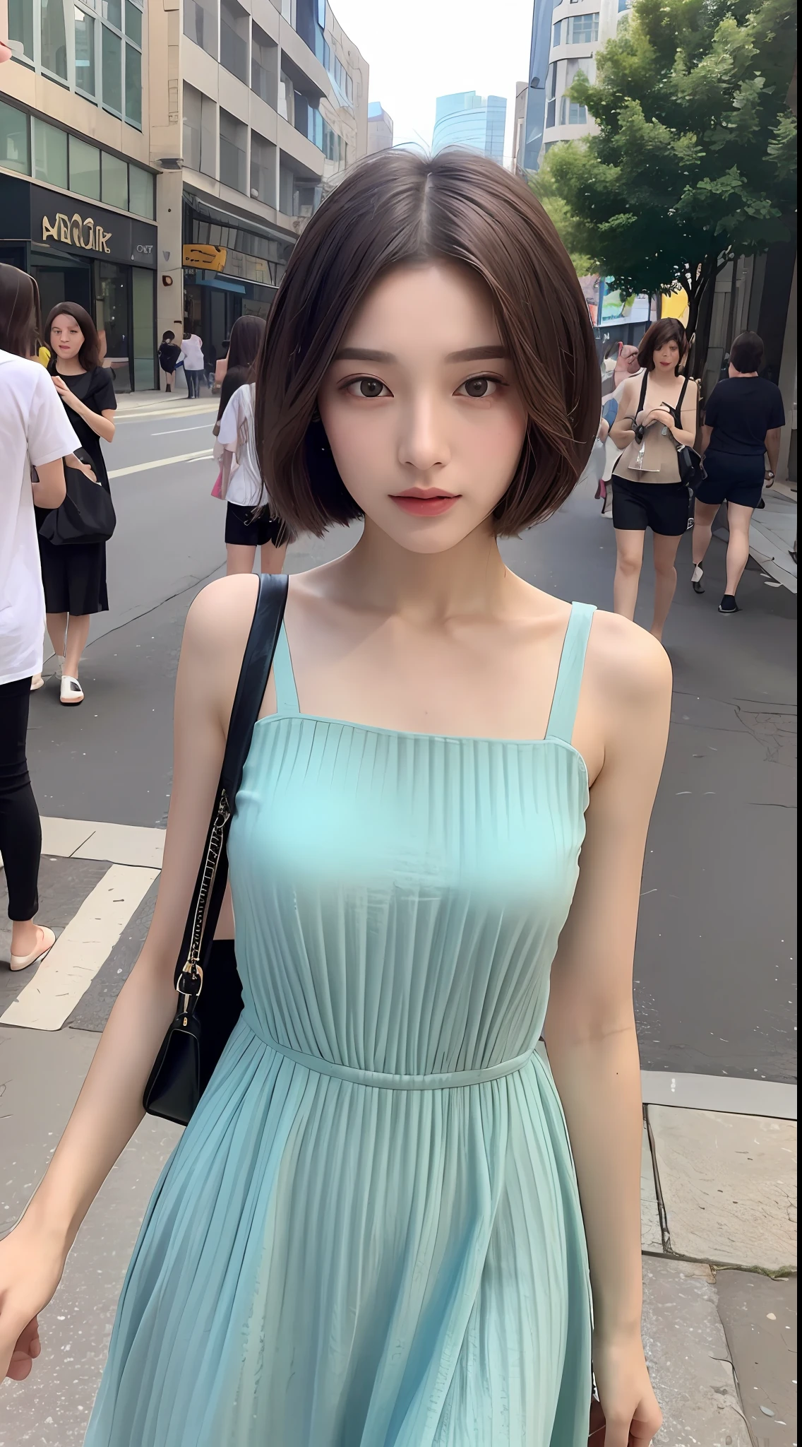 ((Best Quality, 8K, Masterpiece: 1.3)), 1girl, Slim Abs Beauty: 1.3, (Short hairstyle, ), Long dress: 1.1, Super fine face, Detailed eyes, Double eyelids, Street view,