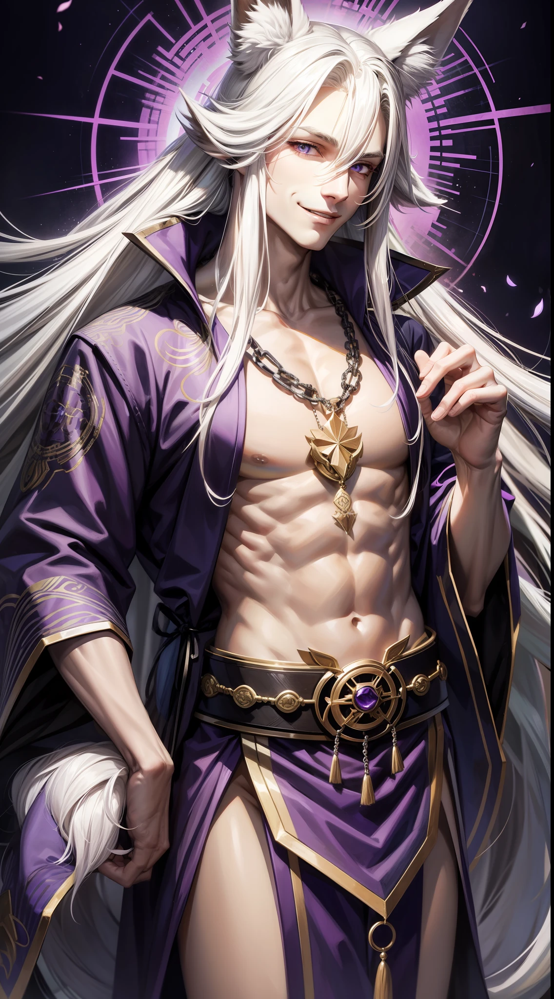 Tall guy, long white hair, fox ears, purple eyes, open kimono, open chest, chains, smile, masterpiece, high quality