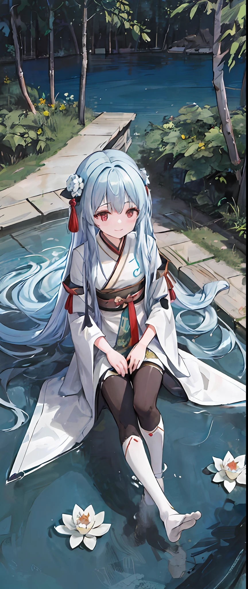 ((4k,masterpiece,best quality)), shuimobysim, traditional Chinese painting, lotus flowers, Hanfu, maxiskit, Dress conservatively 1girl, solo, blue long hair, smiled, standding, Feet in the water, white pantyhose,