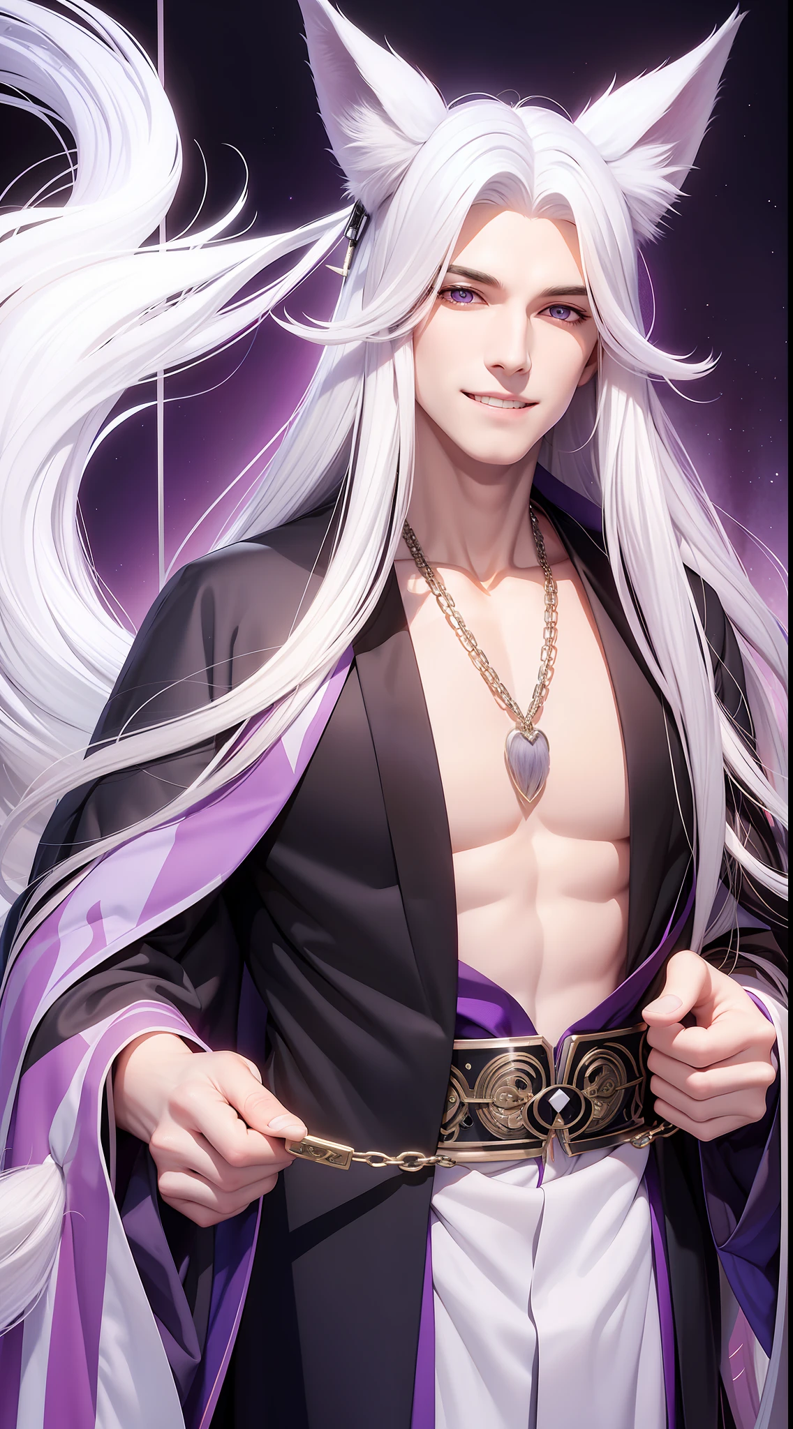 Tall guy, long white hair, fox ears, purple eyes, open kimono, open chest, chains, smile, masterpiece, high quality