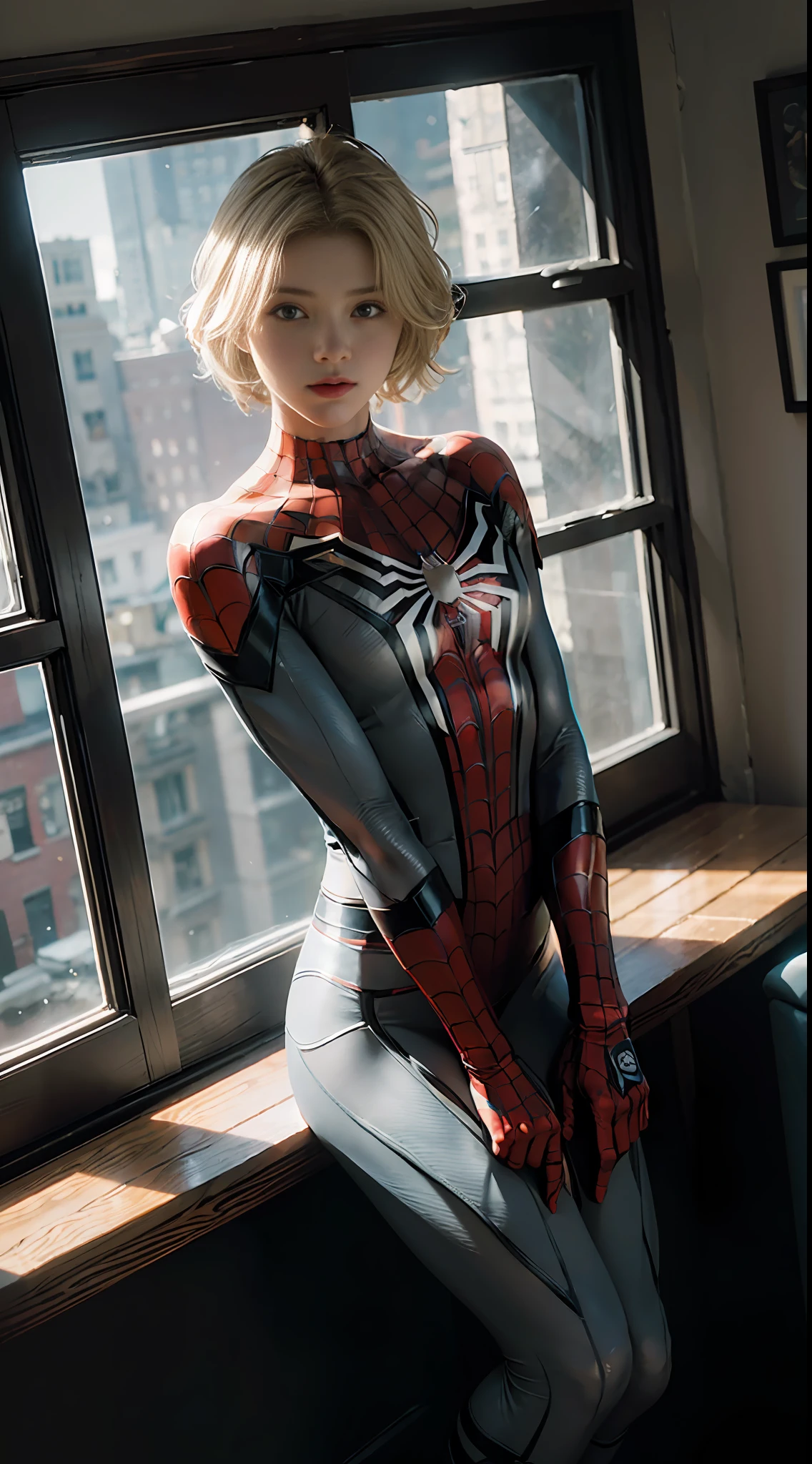 (Extreme Detail CG Unity 8K wallpaper, masterpiece, top quality), (exquisite lighting and shadows, very dramatic images, cinematic lens effects), girl in white Spider-Man costume, blonde hair color, Spider-Man parallel universe, Wenger, Marvel, Spider-Man, sitting on the sofa, dynamic pose), (excellent detail, excellent lighting, wide angle), (excellent rendering, enough to stand out in its class), white Spider-Man costume, focusing on complex spider textures