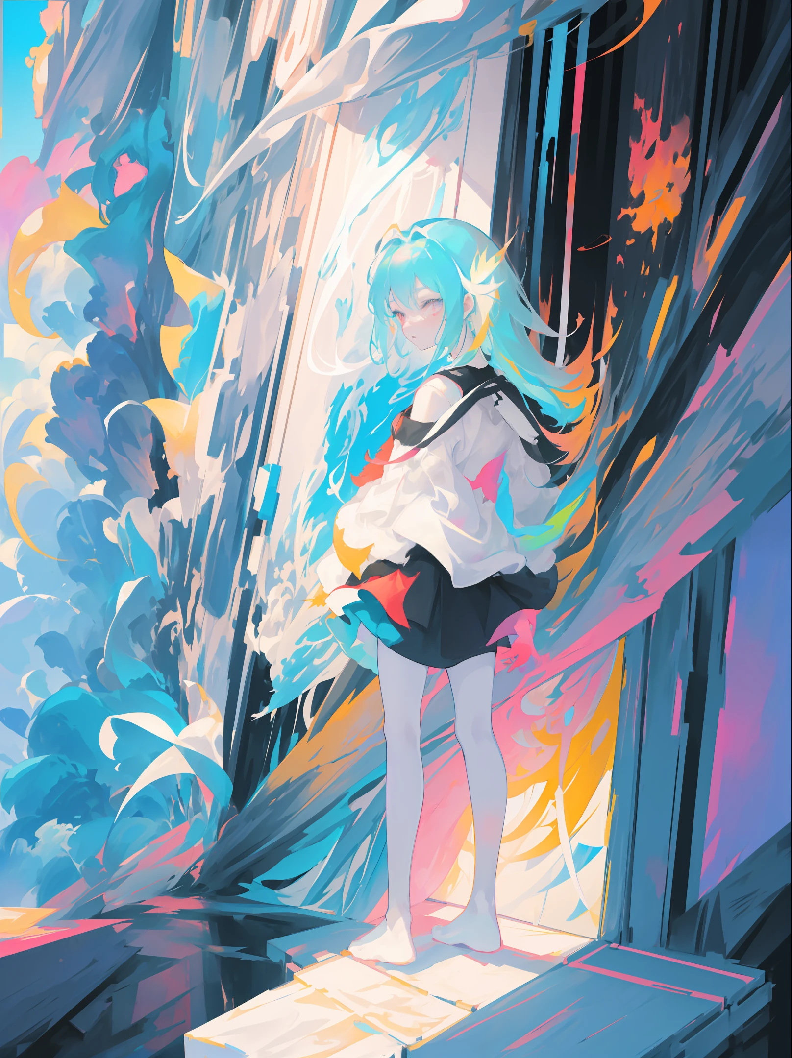 (1 girl, solo, standing , looking at viewer, full body), Abstract painting, (Zen, Amy Sol style), (broken bridge, smoke, back, big fish, white space), light abstract cover art, simple vector art, Chinese contemporary art, color gradient, pastel color palette, layered forms, whimsical animation, style ethereal abstraction, 4K, --v6