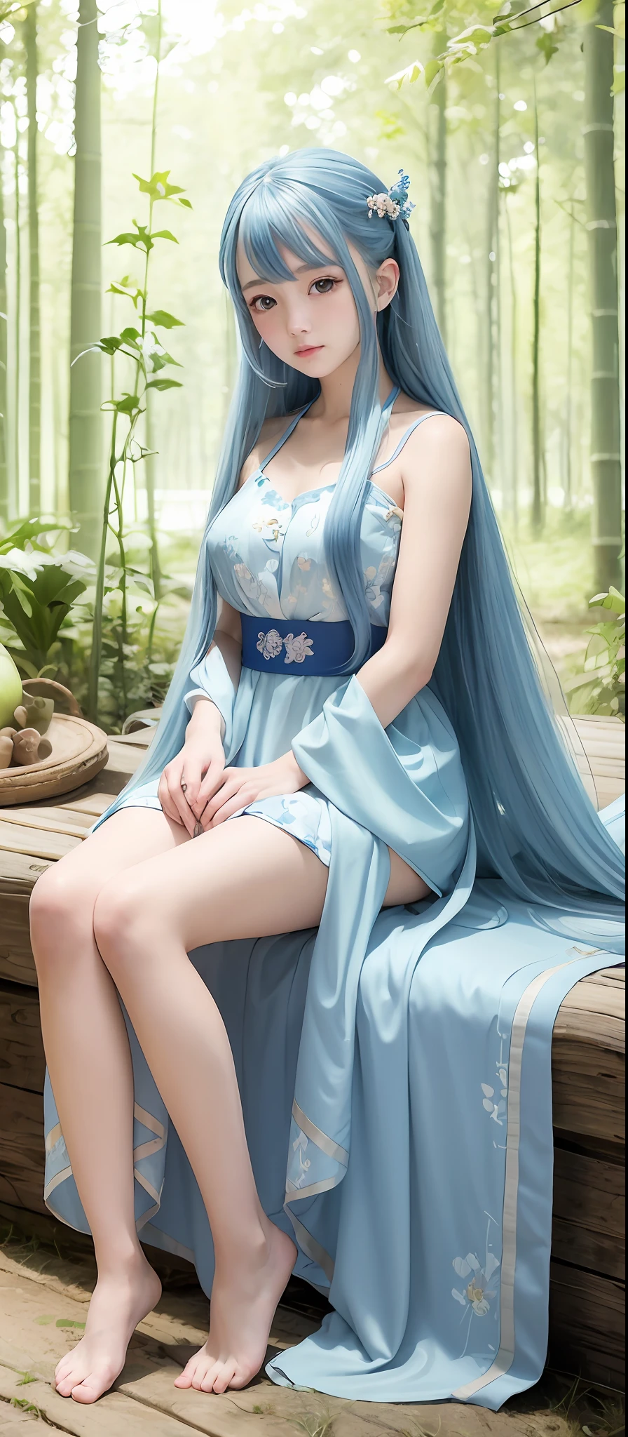 Masterpiece, best quality, official art, 8k wallpaper, very detailed, illustration, 1 girl, sky blue hair, long hair, detailed eyes, Forrest, bare shoulders, hanfu, lake, pure, soft smile, bamboo,