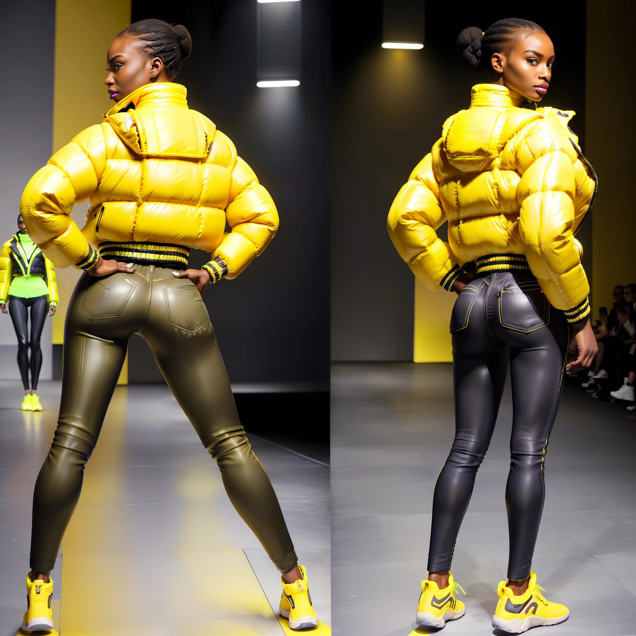 ((( an ultra realistic model))) ((posing, full body, back,looking back, end of catwalk))),((legs slightly apart)) (solo on the catwalk), with perfect Kenyan African facial features, ultra realistic skin, skin pores, afro hair, braided, ultra detailed in hd, with confident expression, wearing (((Balenciaga puffer style jacket oversized:1.5, ultra definition))) purple pants, turtleneck shirt, modern sneakers,  (((yellow jacket:1.5, vivid color, neon,))), posing at the end of the runway, with his back looking at the camera,(bring high fashion show environment, perfect audience,ultra realistic), best quality, superior quality, image masterpiece, high resolution image