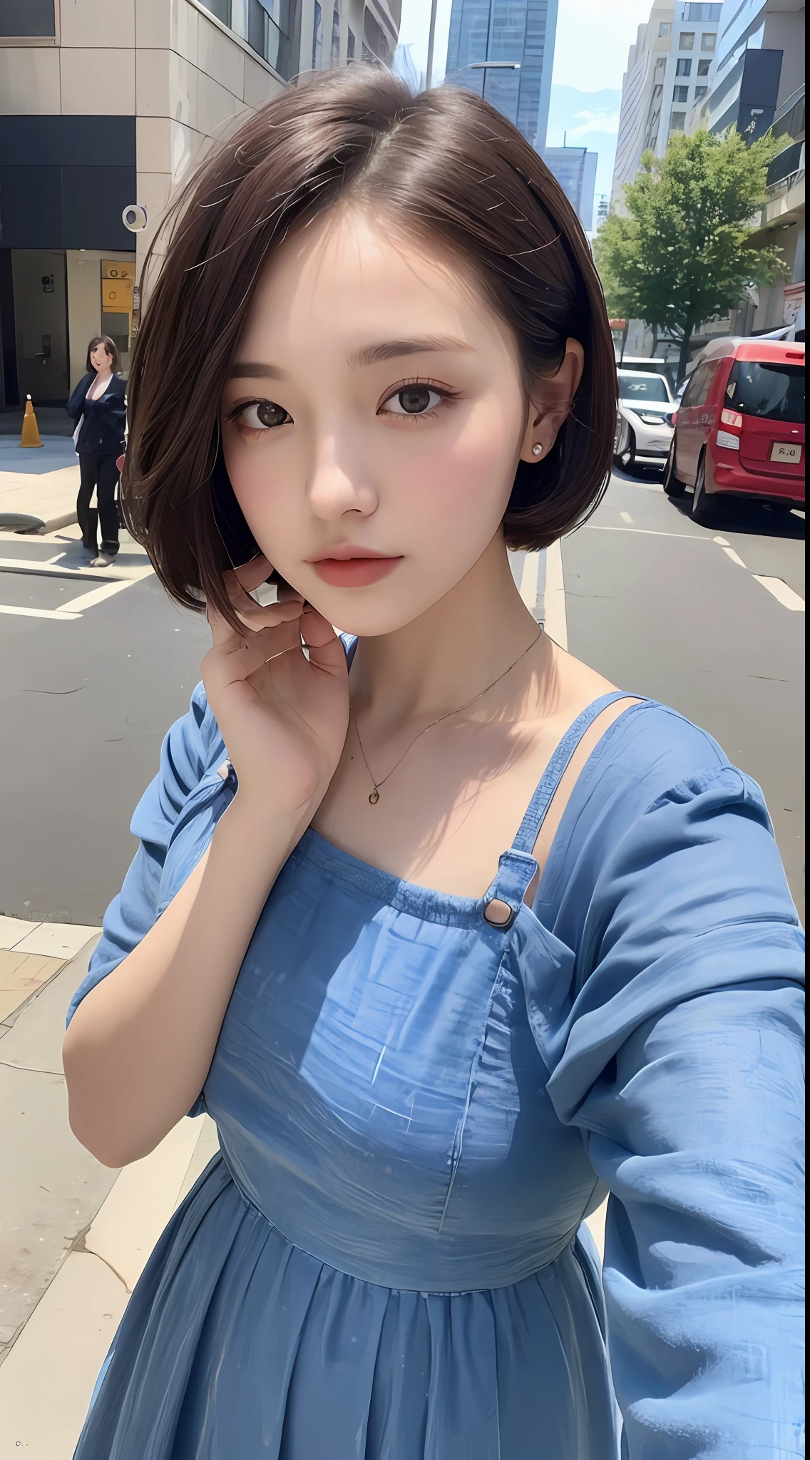 ((Best Quality, 8K, Masterpiece: 1.3)), 1girl, Slim Abs Beauty: 1.3, (Short hairstyle, ), Long dress: 1.1, Super fine face, Detailed eyes, Double eyelids, Street view,