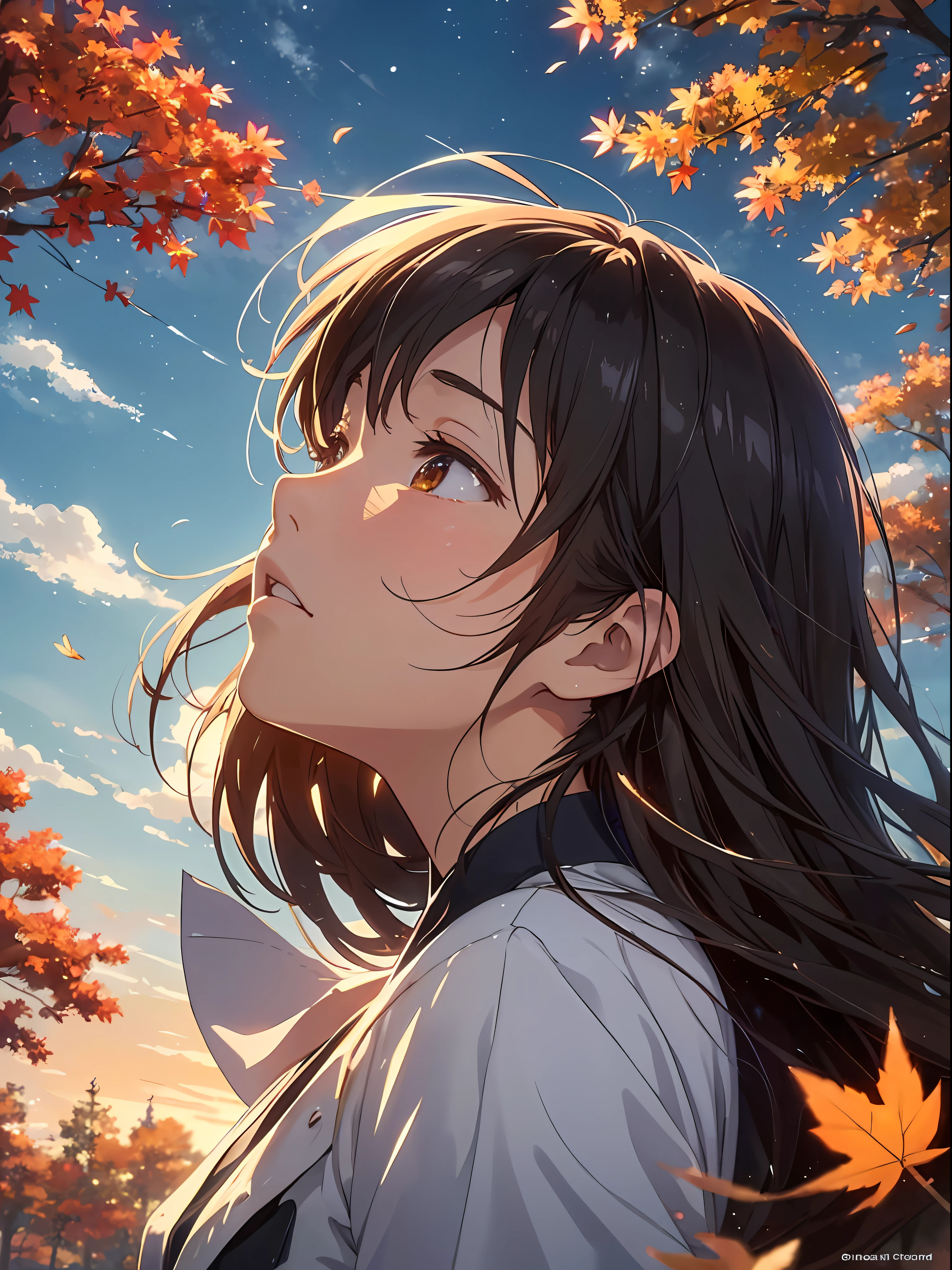 Makoto Shinkai、((A Masterpiece)),((highest quality)),、the anime、Autumn sky、Tree Dead、Dead leaves、1women、Looking up at the autumn sky directly above、autumn、Beautiful scenery、Beautiful sunset sky、Magic Hour、There is a little wind、Perspective、Transparent skin、from below、Close-up in profile、