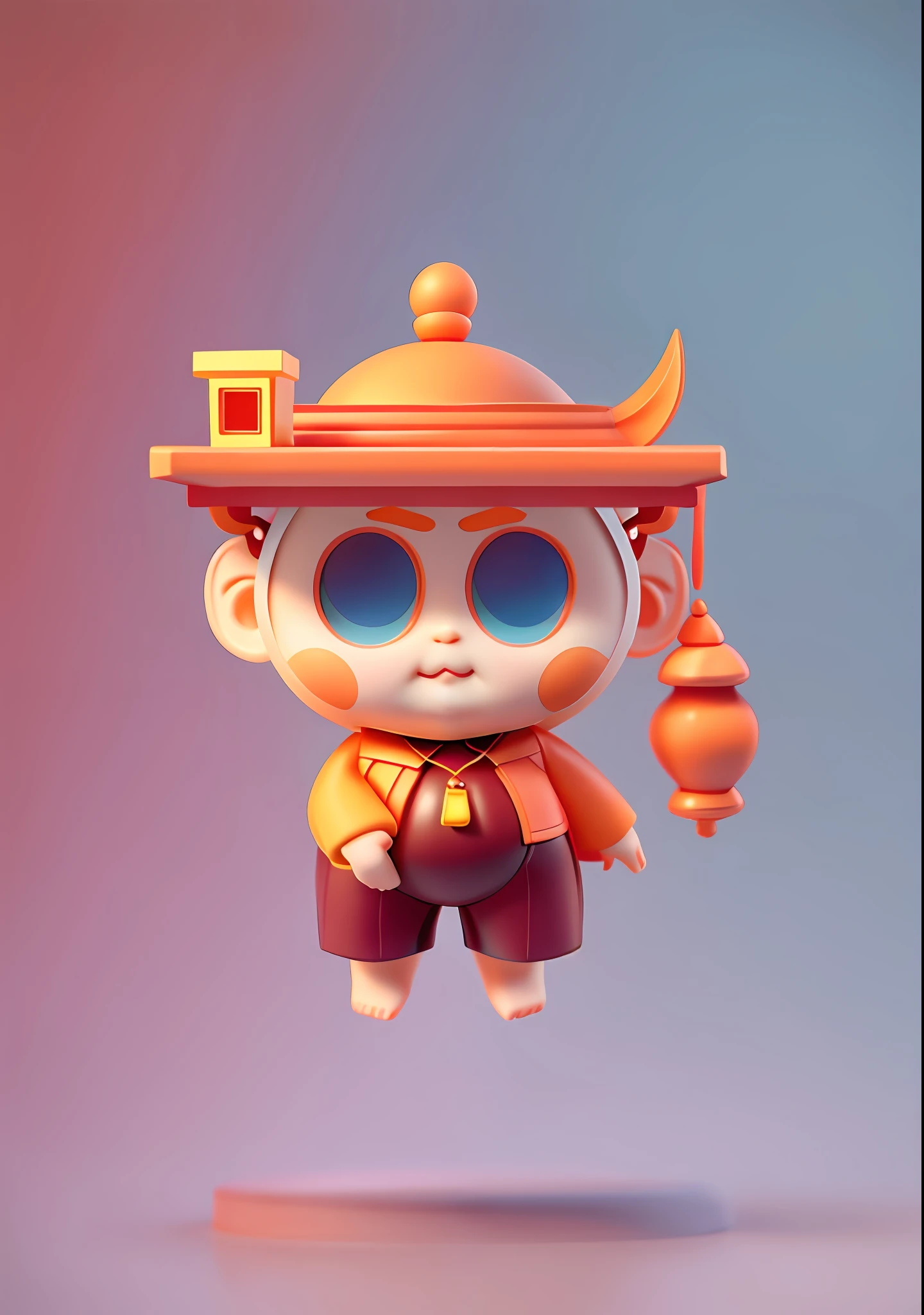 Blind box toy style, IP image three-dimensional, orange as the main color, pendant with pagoda shape on the chest, cute face, chubby body