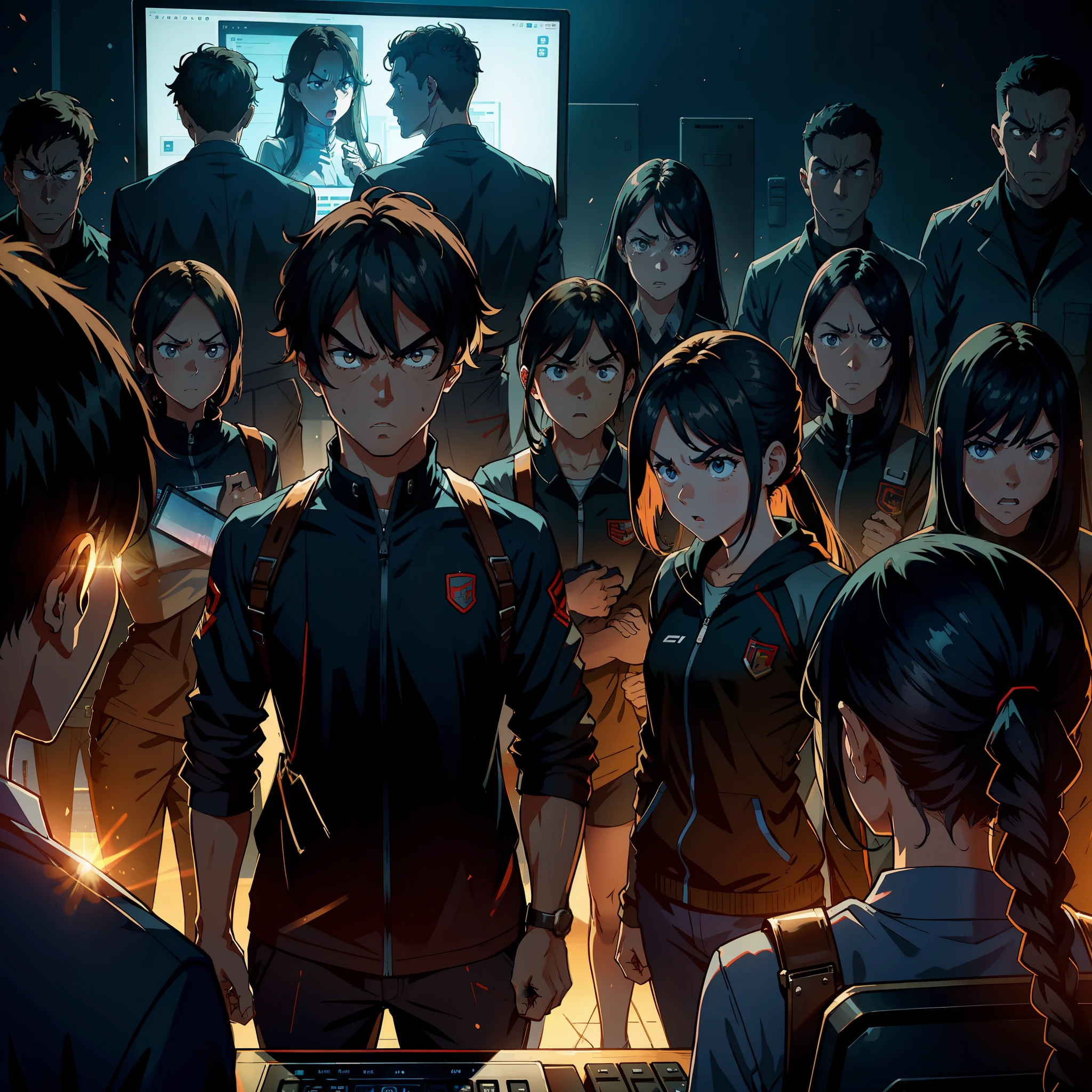 A group of men and women stood in front of a computer screen with angry expressions