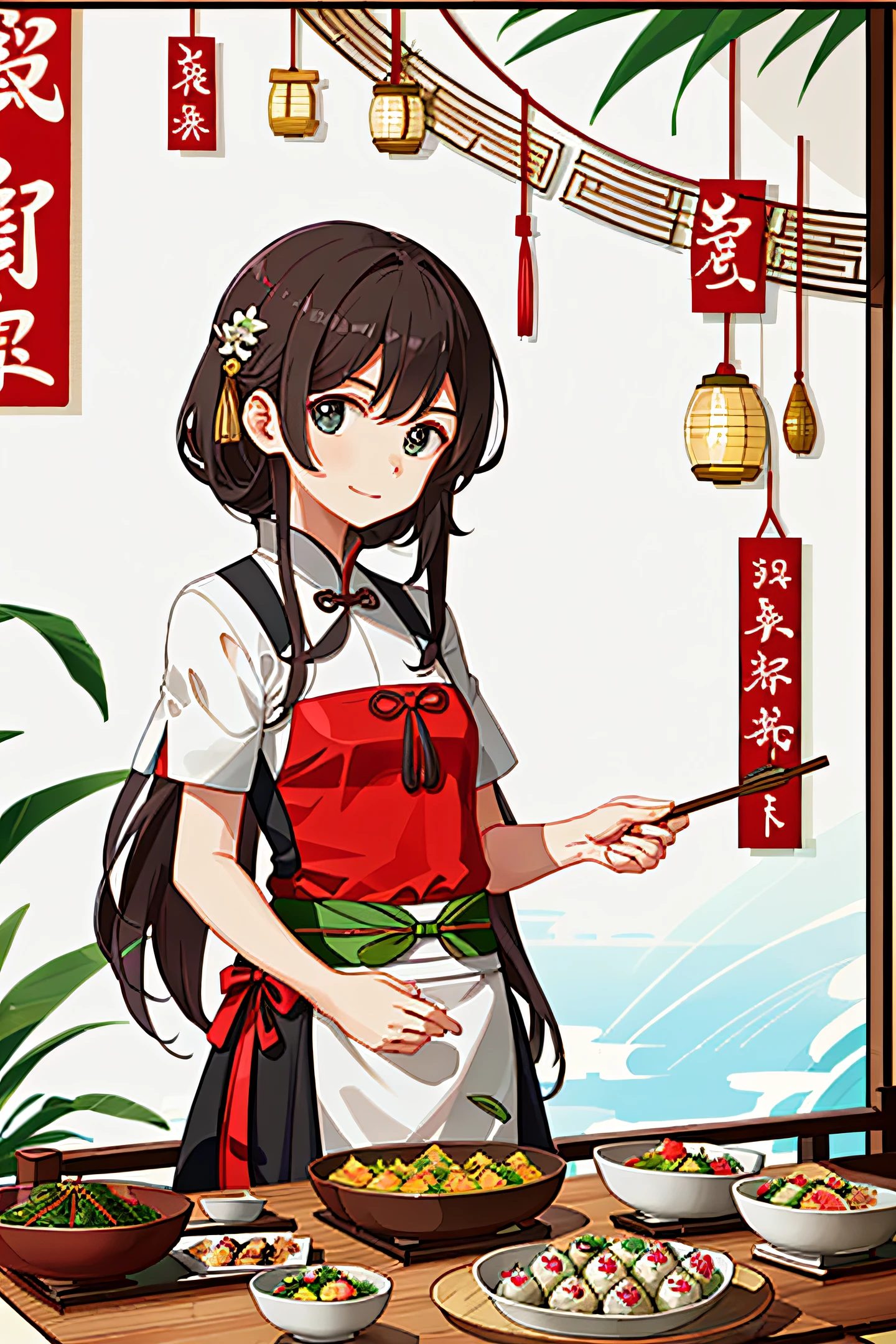 The girl holding the zongzi, at the dining table, happily celebrated the Dragon Boat Festival, showing the zongzi, which was very delicious