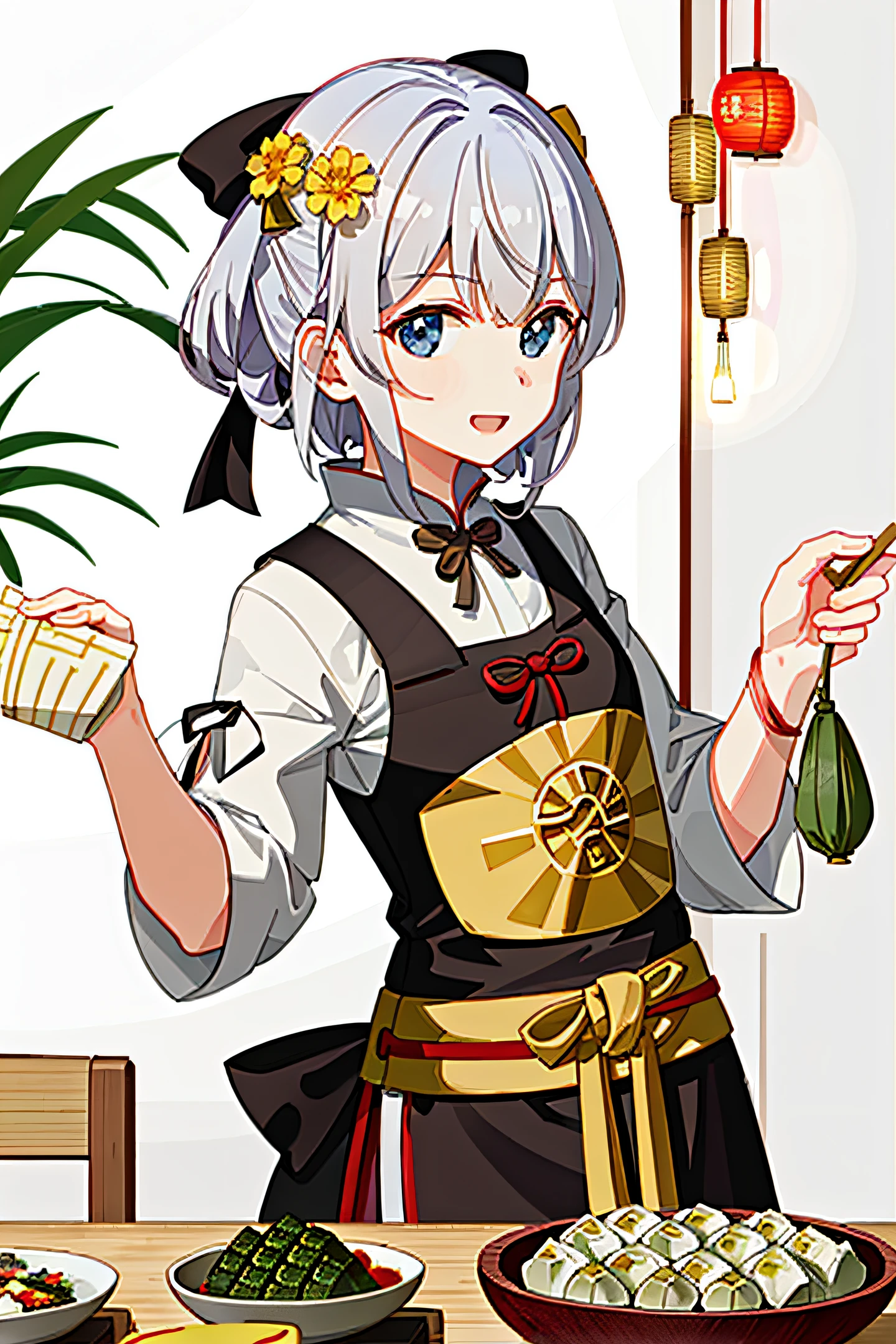 The girl holding the zongzi, at the dining table, happily celebrated the Dragon Boat Festival, showing the zongzi, which was very delicious