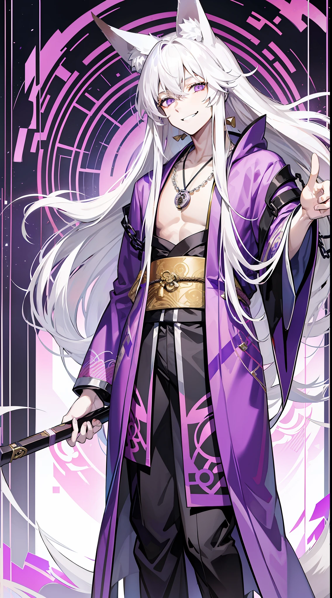 Tall guy, long white hair, fox ears, purple eyes, open kimono, open chest, chains, smile, masterpiece, high quality