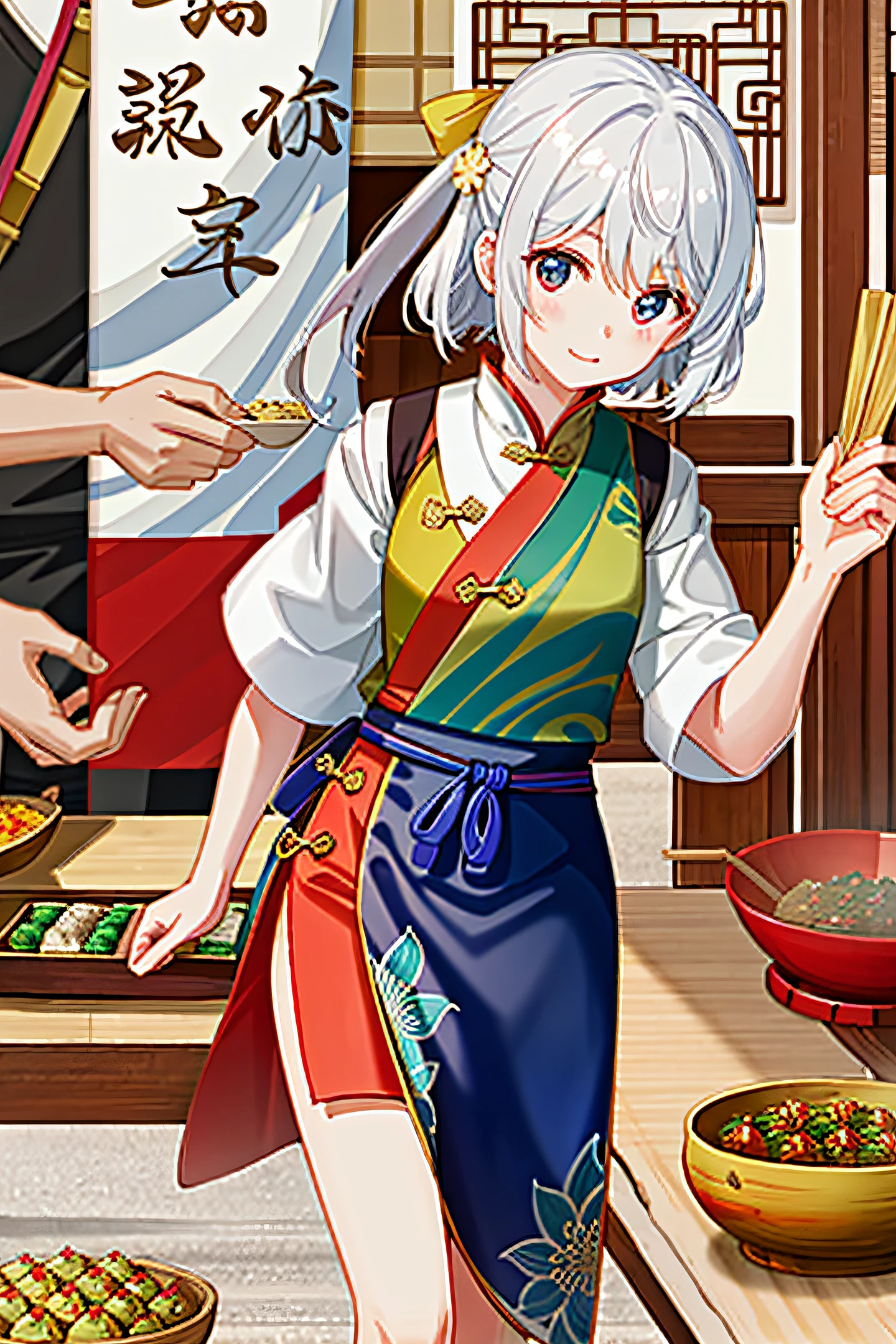 The girl holding the zongzi, in front of the table, happily celebrated the Dragon Boat Festival, showing the zongzi, very delicious look, high definition, game characters, light and shadow