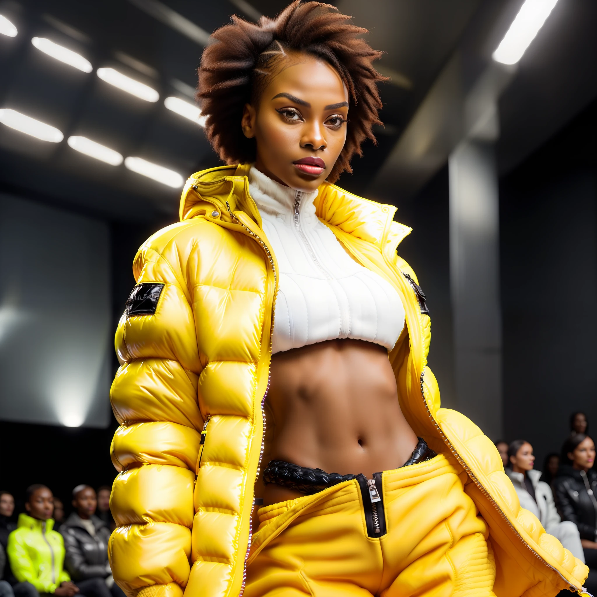 (( an ultra realistic woman, posing solo on her back, looking back, confident on the runway))) with perfect Kenyan African facial features, ultra realistic skin, skin pores, short afro hair, braided, ultra detailed in hd, with confident expression, wearing (((Balenciaga puffer oversized style jacket:1.5 overall, ultra definition red))) pants, turtleneck shirt, modern sneakers, (((yellow jacket:1.5, vivid color, neon, reflective))), posing at the end of the runway, back looking at the camera, (bring high fashion show atmosphere, perfect audience,ultra realistic), high fashion show, best quality, top quality, image masterpiece, high resolution image