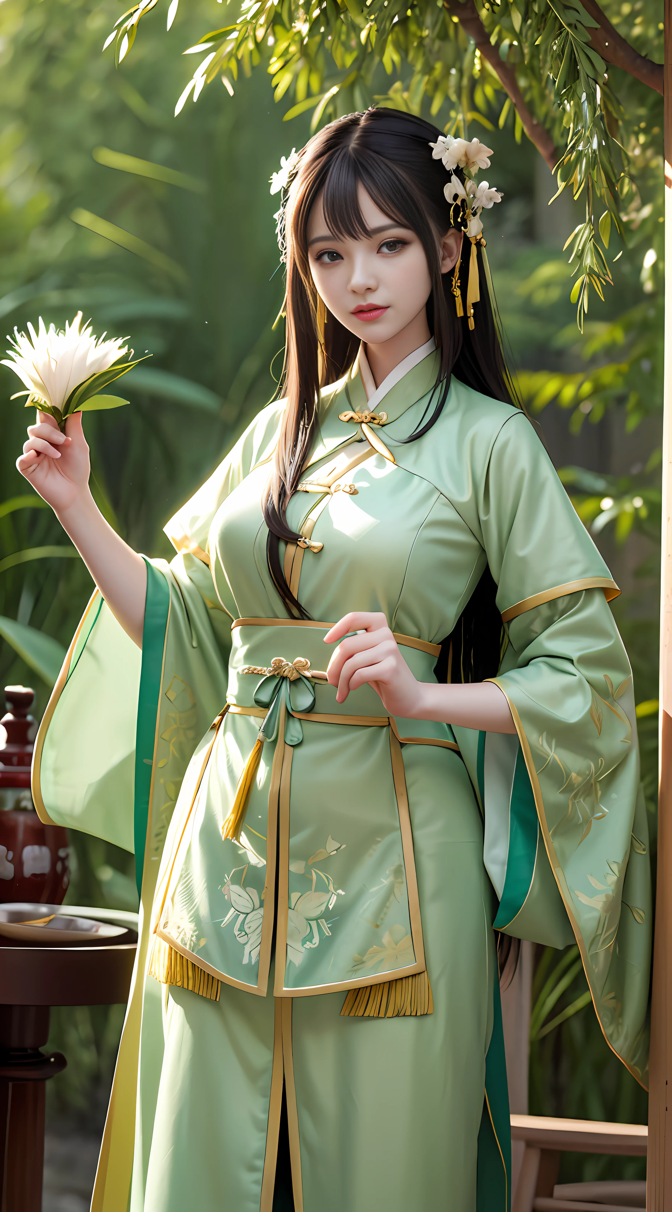 Best quality, masterpiece, illustration, a very disciple and beautiful, very detailed, CG, unity, 8k wallpaper, amazing, fine detail, mastery, best quality, official art, very detailed CG Unity 8k wallpaper, ridiculous, incredibly ridiculous, huge file size, super detailed, high resolution, rawe very detailed, pretty detailed girl, very detailed eyes and face, beautiful detailed eyes, light on face, 1 girl, Chinese Tang dynasty clothes, Right hand a string of zongzi, green bamboo fallen leaves in the background, blurred bamboo leaves, dynamic blurred bamboo leaves, stretched out left hand, palm facing up, in the palm of his hand is a dragon boat, half body, revealing an arm, complete fingers, perfect fingers, very fine portrayal, HD, CG, epic, nanoscale rendering, Unreal 4 renderer