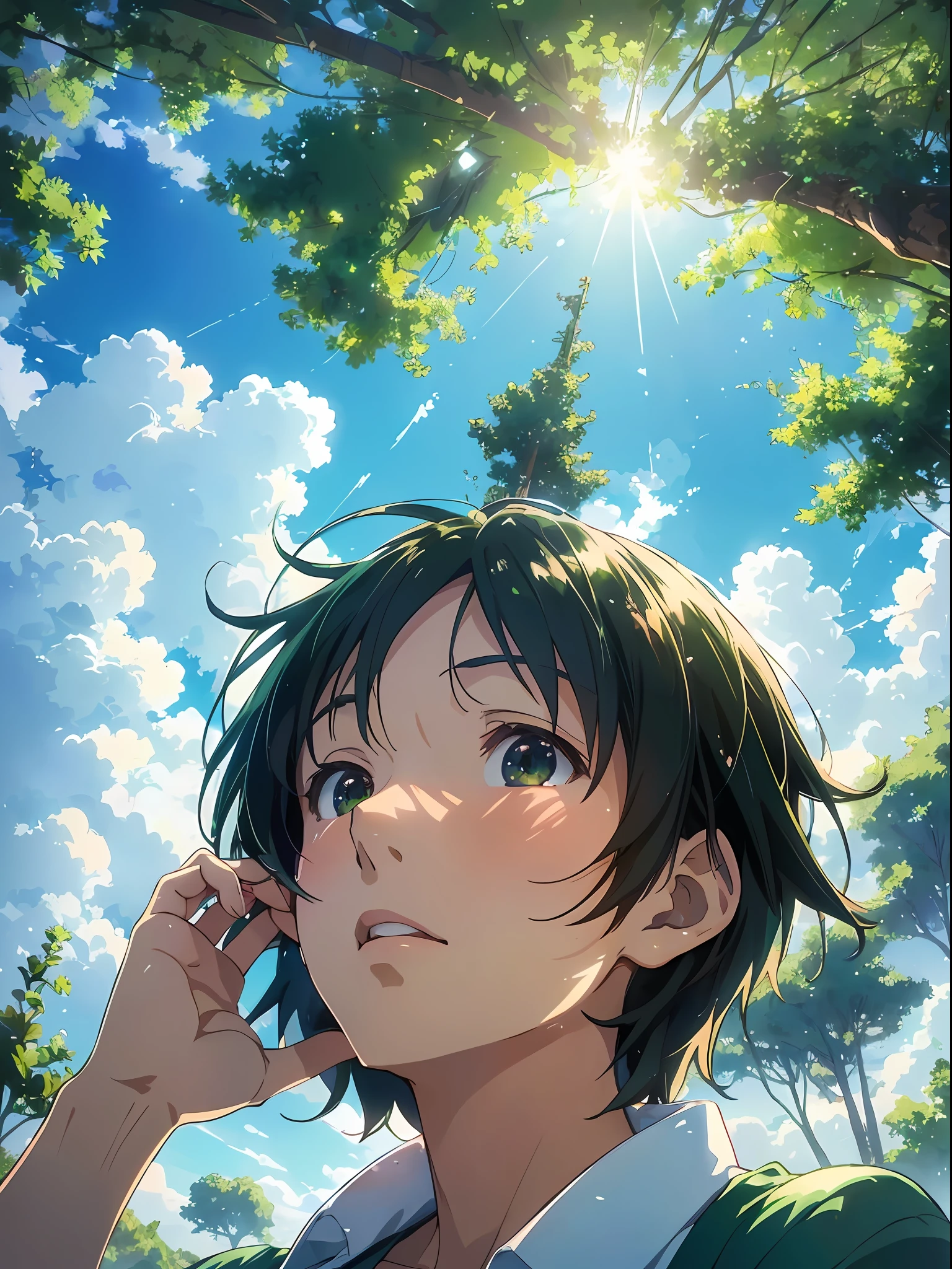 Makoto Shinkai, ((masterpiece), (highest quality), , anime, summer sky, fresh green, one, summer sky looking up directly overhead, summer, beautiful scenery, beautiful sun, magic hour, there is a little wind, perspective, transparent skin, from below, close-up at the front,