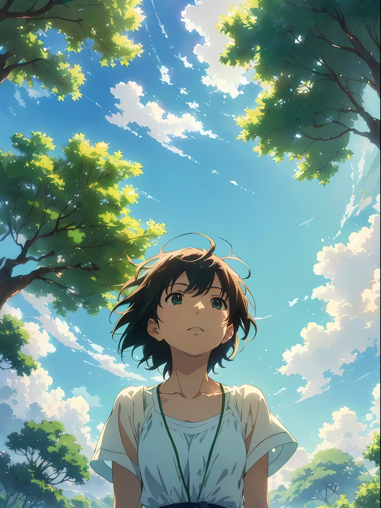 Makoto Shinkai, ((masterpiece), (highest quality), , anime, summer sky, fresh green, one, summer sky looking up directly overhead, summer, beautiful scenery, beautiful sun, magic hour, there is a little wind, perspective, transparent skin, from below, close-up at the front,