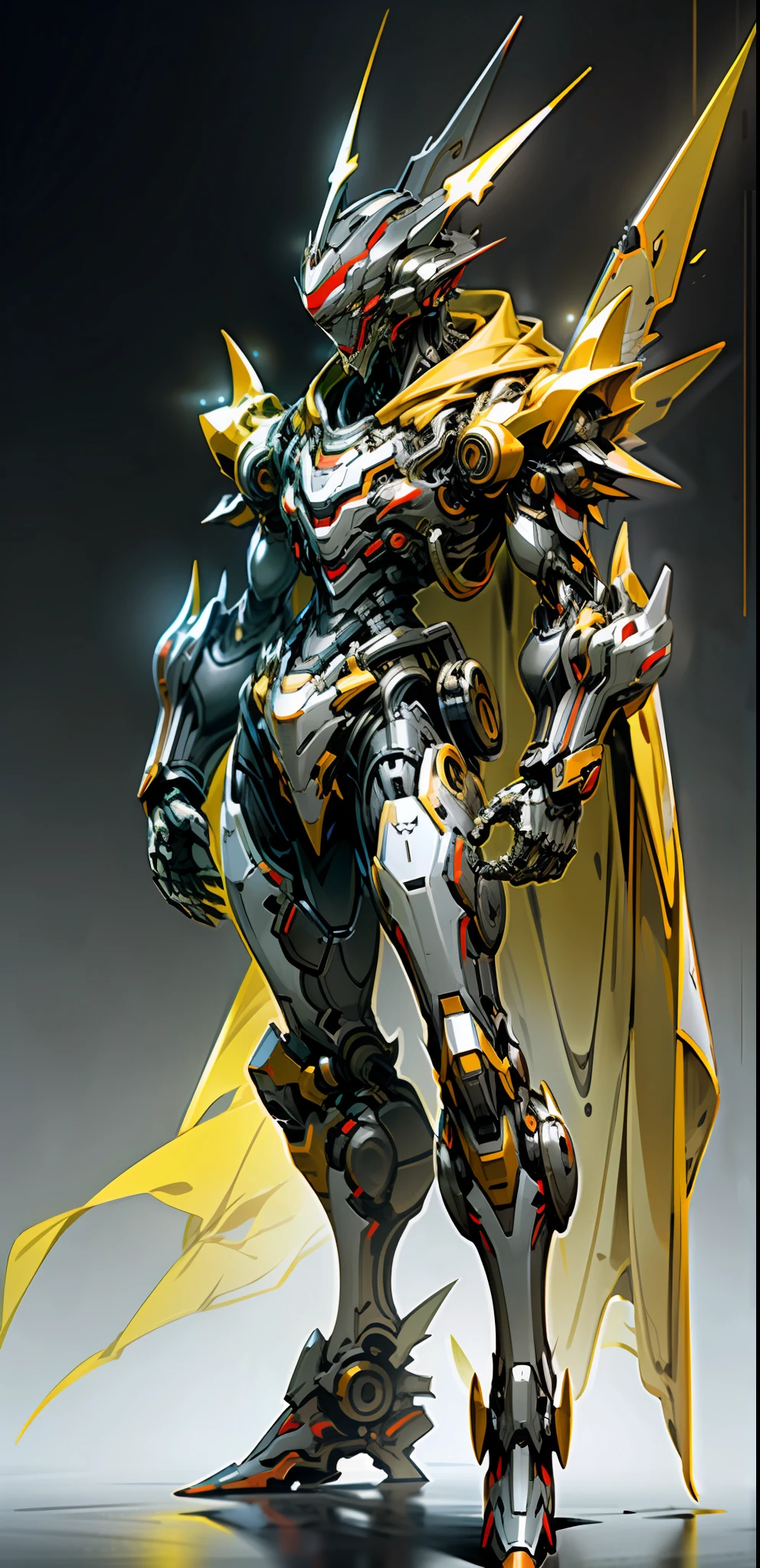 Dark_Fantasy, Cyberpunk, (prototype of Mega Man, red and gray armor, fluttering yellow cloak, helmet, :1.1), 1 person, mechanical marvel, robot presence, cybernetic guardian, booster, full body