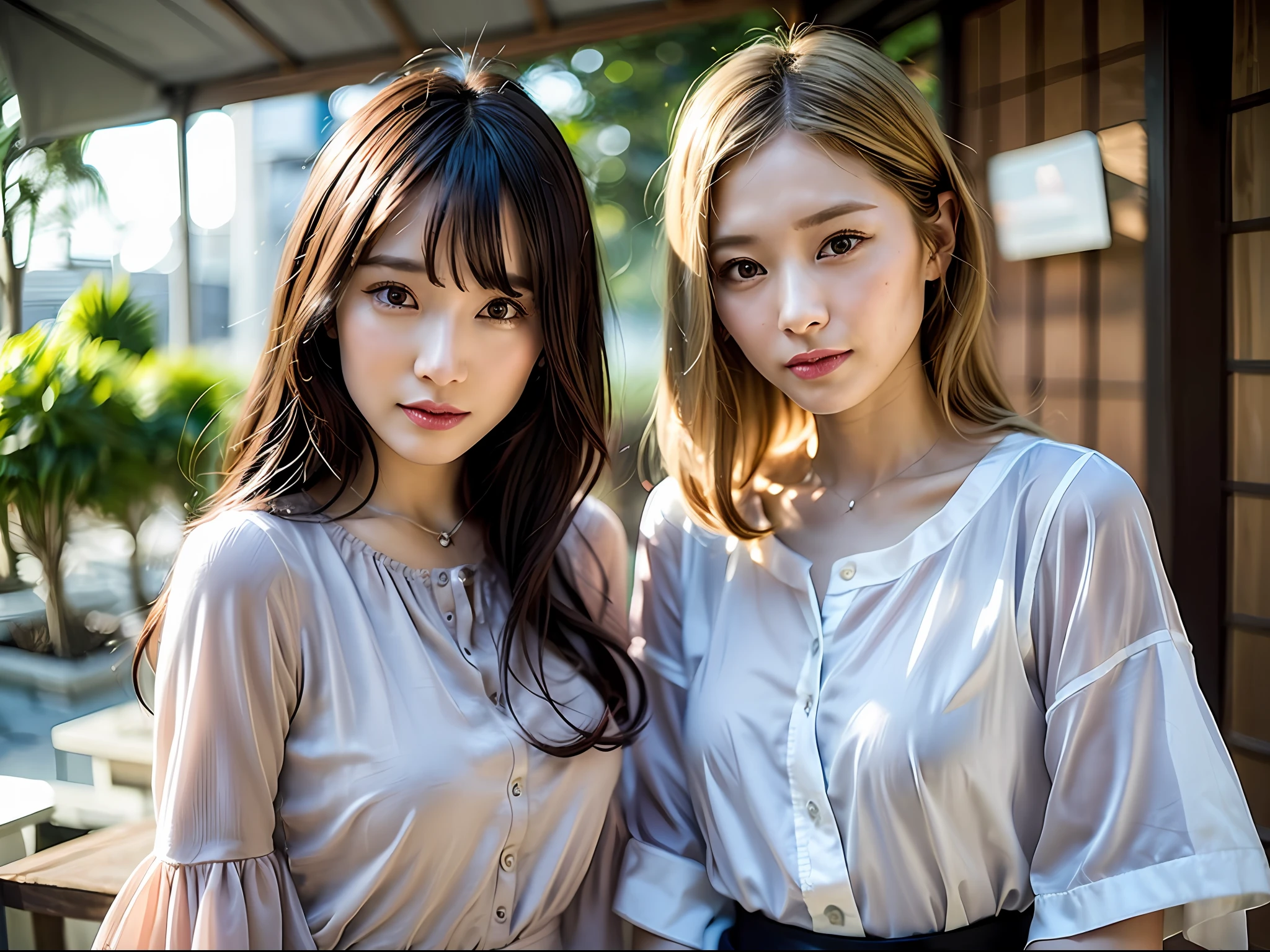 (8ｋ, bestquality, A masterpie:1.2),(haired、_style) ，(lifelike, photorealistic:1.37), bestquality, A masterpie, In the summer sunshine、Shot on the wooden deck with a view of the sky and sea、［small  breasts］、［small chest］、Two models with different atmospheres、Place one of the two individuals in the well-balanced manner with perspective、One photo、High balance、Backlighting、From the waist up、Camera angle with background facing up、Putting your hair over your ears with your hands、Shot in natural light from morning to noon、Hairstyle and fashion style to match the trend of 02 people 3 years Japan for 2 people、lifelike、Lifelike、Super Detail、Beautiful facial features、30 generations、actress、Half Japan and Russian model、elaborate CG、slender、Adorable、Mature、Hairstyle is a model of two people, Long model and bob model matching trendy fashion of 02 people 3 years Japan for 2 people、hair fluttering in the wind、Delicate skin type、Fine details and softness of hair、The model's hair color is slightly bright and soft.、Glossy makeup、Fashion style is a short length T-2 Person 02 Man 3 Year Summer Trend Matching Shirt、Cheerful impression with bright colored surf fashion