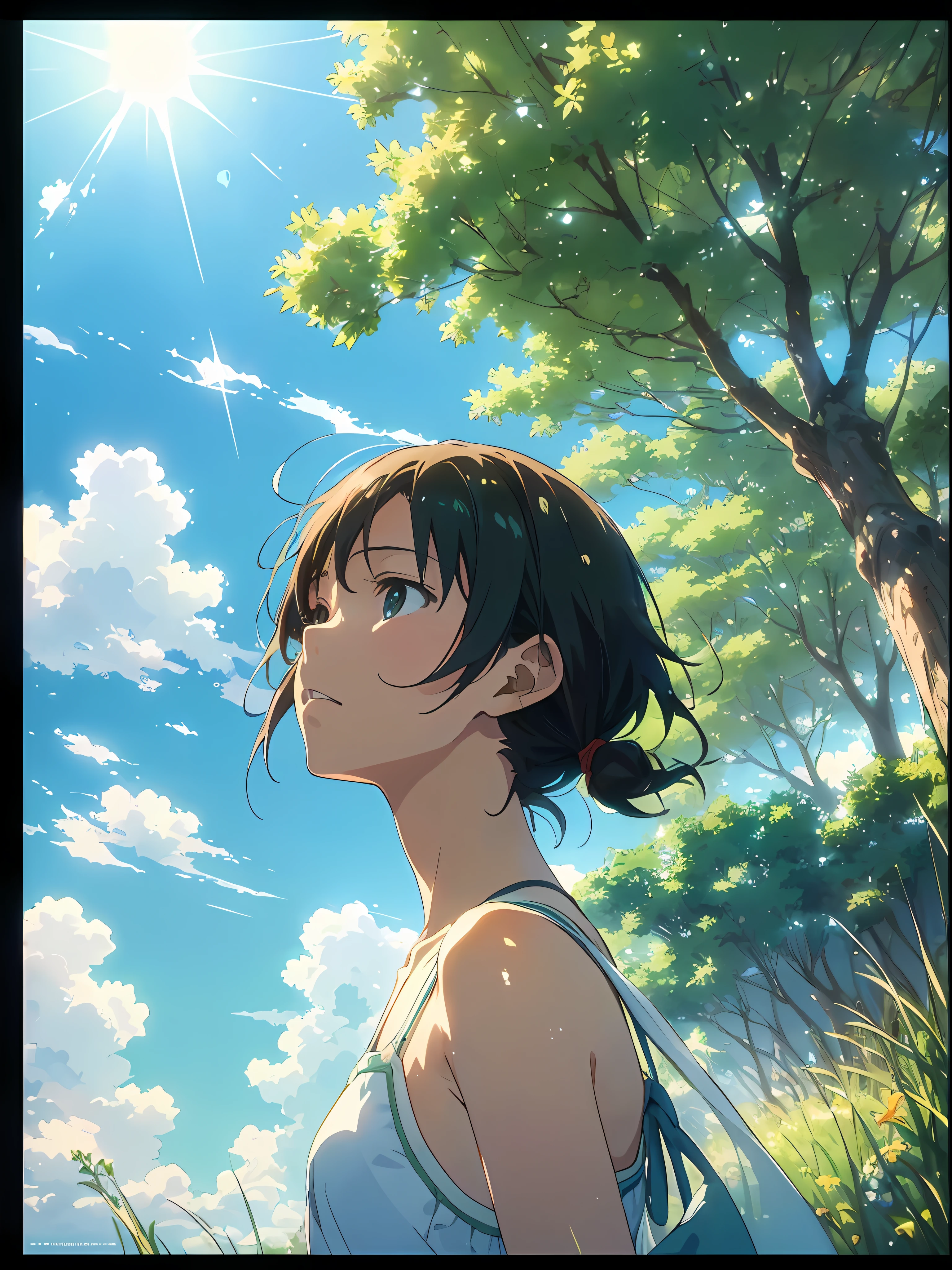 Makoto Shinkai, ((masterpiece), (highest quality), , anime, summer sky, fresh green, one, summer sky looking up directly overhead, summer, beautiful scenery, beautiful sun, magic hour, there is a little wind, perspective, transparent skin, from below, close-up at the front,