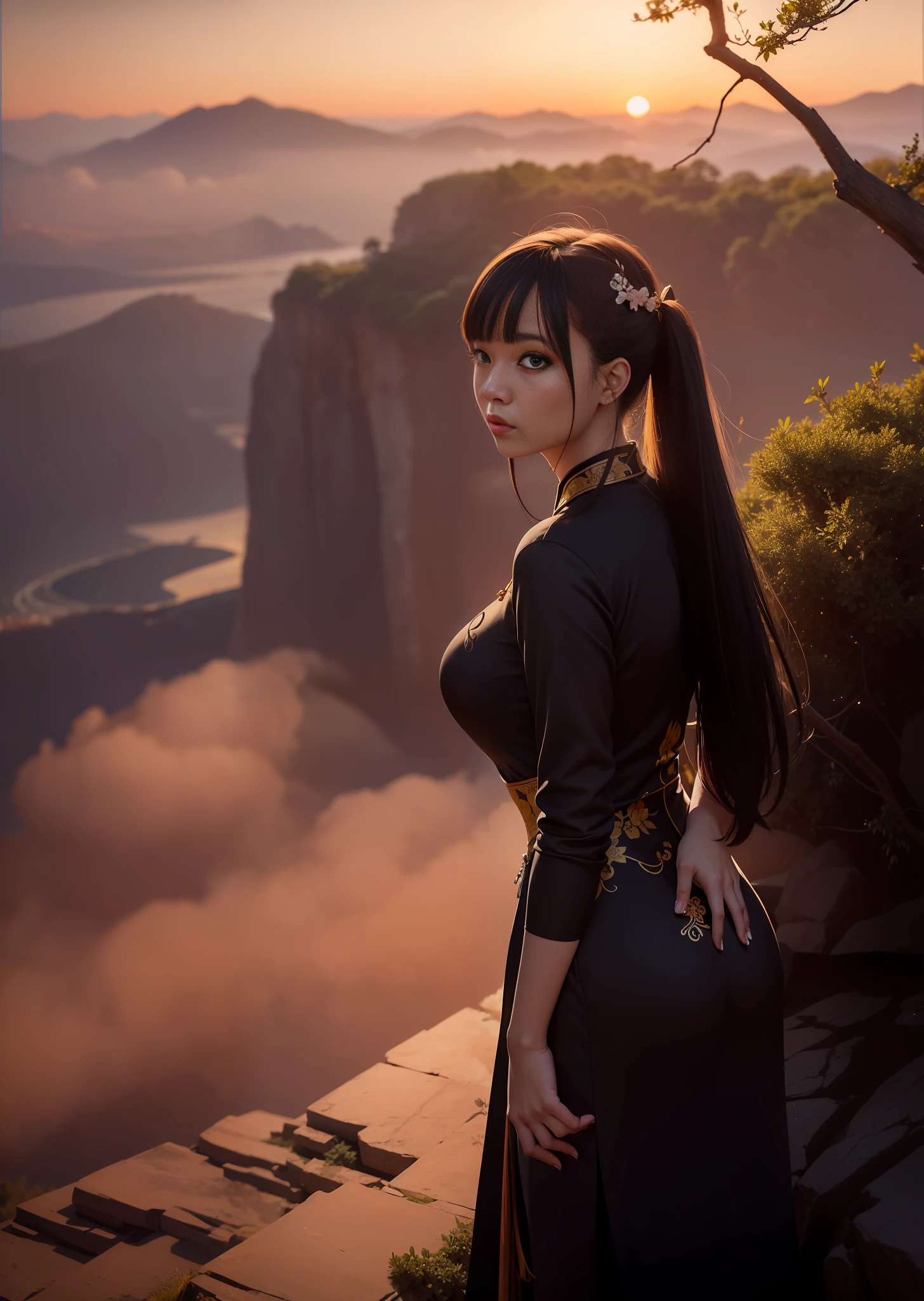 A beautiful woman in a cheongsam, standing on the edge of the cliff, the peak under the cliff is surrounded by smoke, there is a large tree on the left, the branches of the big tree extend out, the sky is sunset, backlight, high quality, high resolution, 8K
