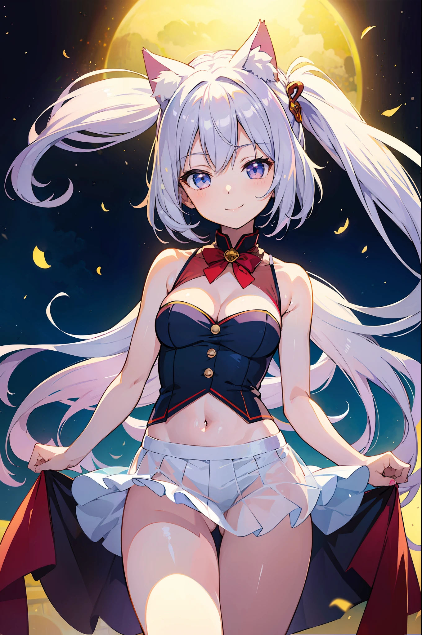 (Masterpiece), (Top Quality Anime Illustration), (Super Definition), One Girl, Solo, Beautiful Girl with Silver Hair, Anime , Cat Ear Loliniskirt Santa, See-through, Sleeveless, Smile, Cleavage Emphasis, Bare Skin Visible Lower, Navel Out, Thighs, Ass Protruding, Ass Focus