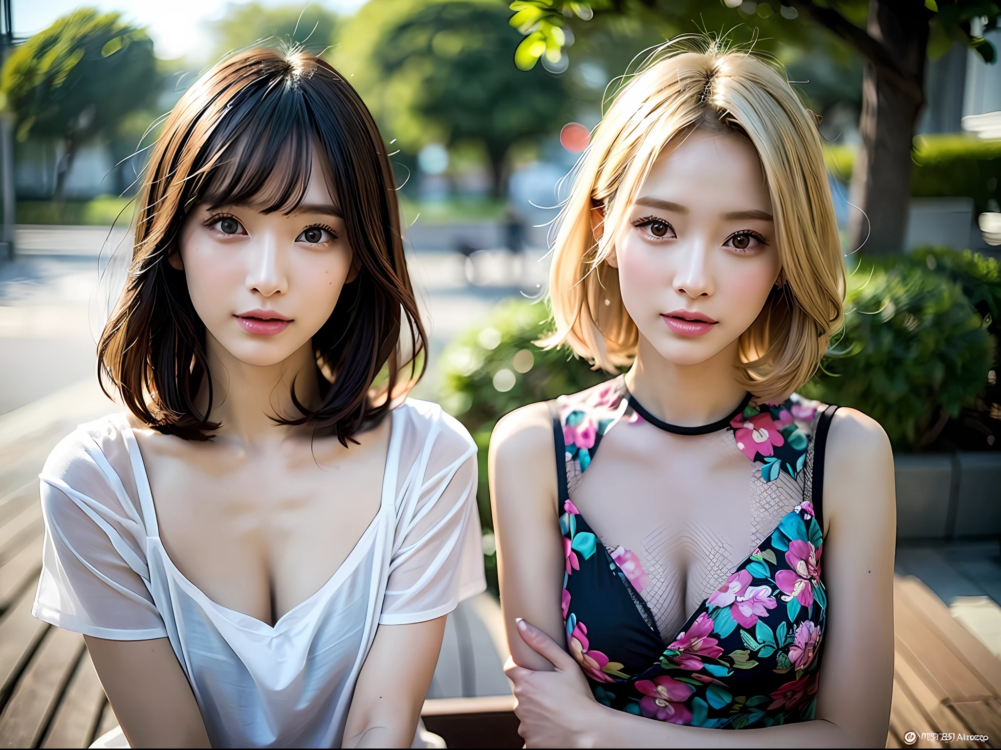 (8ｋ, bestquality, A masterpie:1.2),(haired、_style) ，(lifelike, photorealistic:1.37), bestquality, A masterpie, In the summer sunshine、Shot on the wooden deck with a view of the sky and sea、［small  breasts］、［small chest］、Two models with different atmospheres、Place one of the two individuals in the well-balanced manner with perspective、One photo、High balance、Backlighting、From the waist up、Camera angle with background facing up、Putting your hair over your ears with your hands、Shot in natural light from morning to noon、Hairstyle and fashion style to match the trend of 02 people 3 years Japan for 2 people、lifelike、Lifelike、Super Detail、Beautiful facial features、30 generations、actress、Half Japan and Russian model、elaborate CG、slender、Adorable、Mature、Hairstyle is a model of two people, Long model and bob model matching trendy fashion of 02 people 3 years Japan for 2 people、hair fluttering in the wind、Delicate skin type、Fine details and softness of hair、The model's hair color is slightly bright and soft.、Glossy makeup、Fashion style is a short length T-2 Person 02 Man 3 Year Summer Trend Matching Shirt、Cheerful impression with bright colored surf fashion