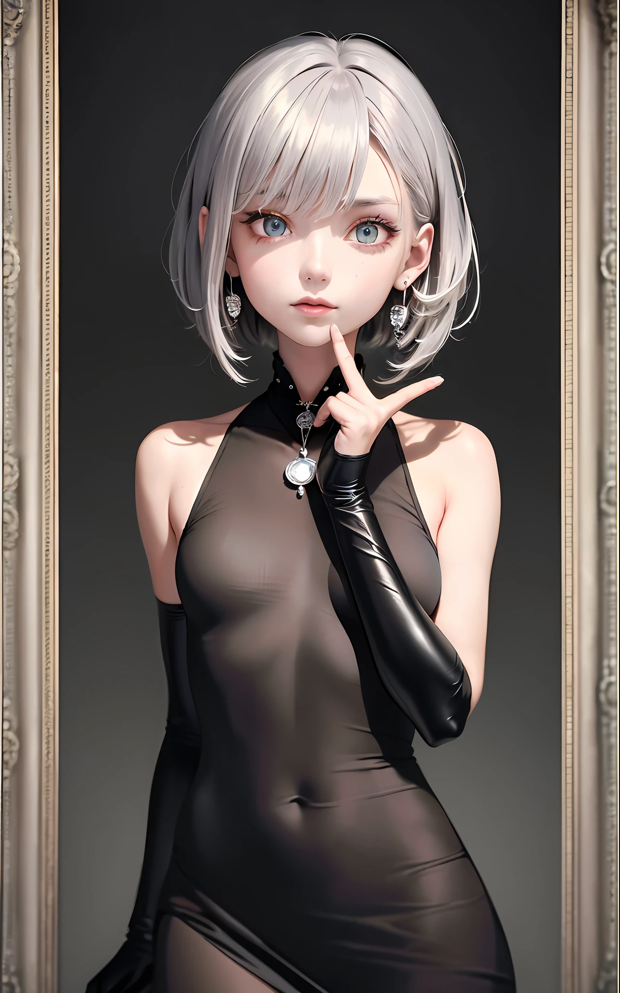 Best, Masterpiece, High Resolution, Best Quality, Ultra HD, Super Detail, Award-Limited, 16k, (Upper Body), Beautiful Girl, Gray Hair, Hair, ((Heterochromia)), Hanging Corners, Fair Skin, (Small), (Slim Body), ((One Dress)), Stud Earrings, (Neck Ring), (Short Glove as Short as Half the Palm)