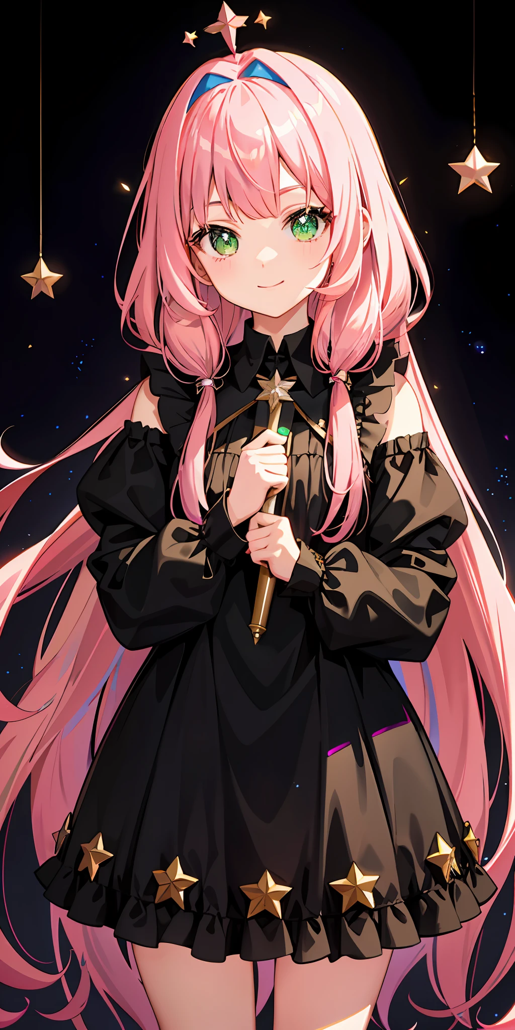 a 1girl, bright, dark pink hair, semi-long, star motif, multicolored hair, green eyes, saleme, head mask, side lights, light particles, wallpaper, big, plump, plump idol, idol costume, loose, fluffy, quiet, smile, gentle, clear, loli