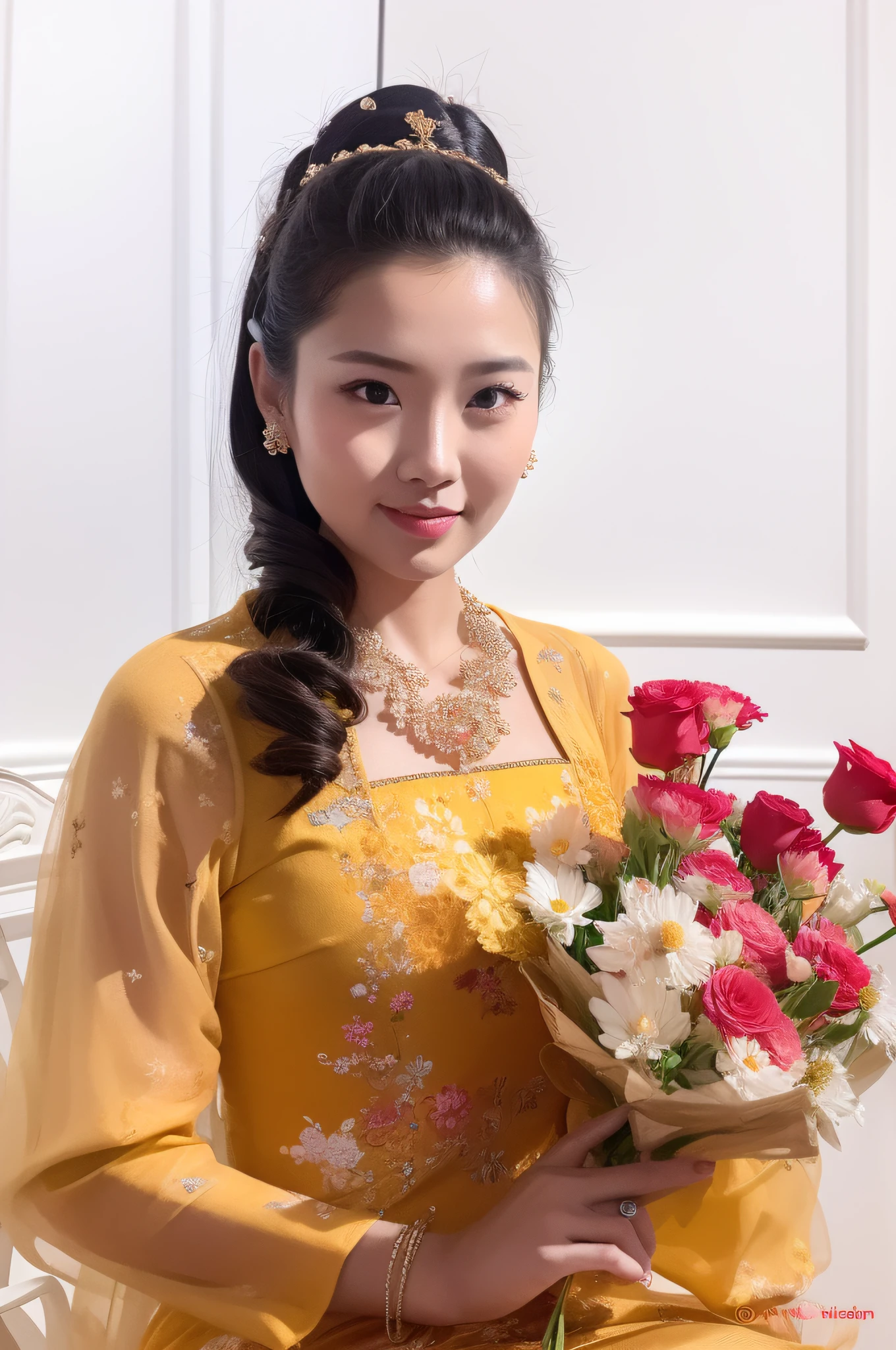 there is a woman in a yellow dress holding a bouquet of flowers, lady using yellow dress, asian woman, a young asian woman, south east asian with long, an asian woman, young asian woman, with flowers, closeup portrait shot,bright eyes, beautiful eyes,detailface,4k,realistic fashion photo, beautiful asian woman, nivanh chanthara, beautiful oriental woman, traditional beauty, asian female
