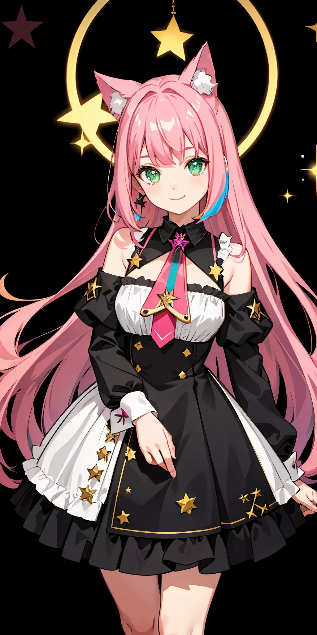 a 1girl, bright, dark pink hair, semi-long, star motif, multicolored hair, green eyes, saleme, head mask, side lights, light particles, wallpaper, big, plump, plump idol, idol costume, loose, fluffy, quiet, smile, gentle, clear, loli