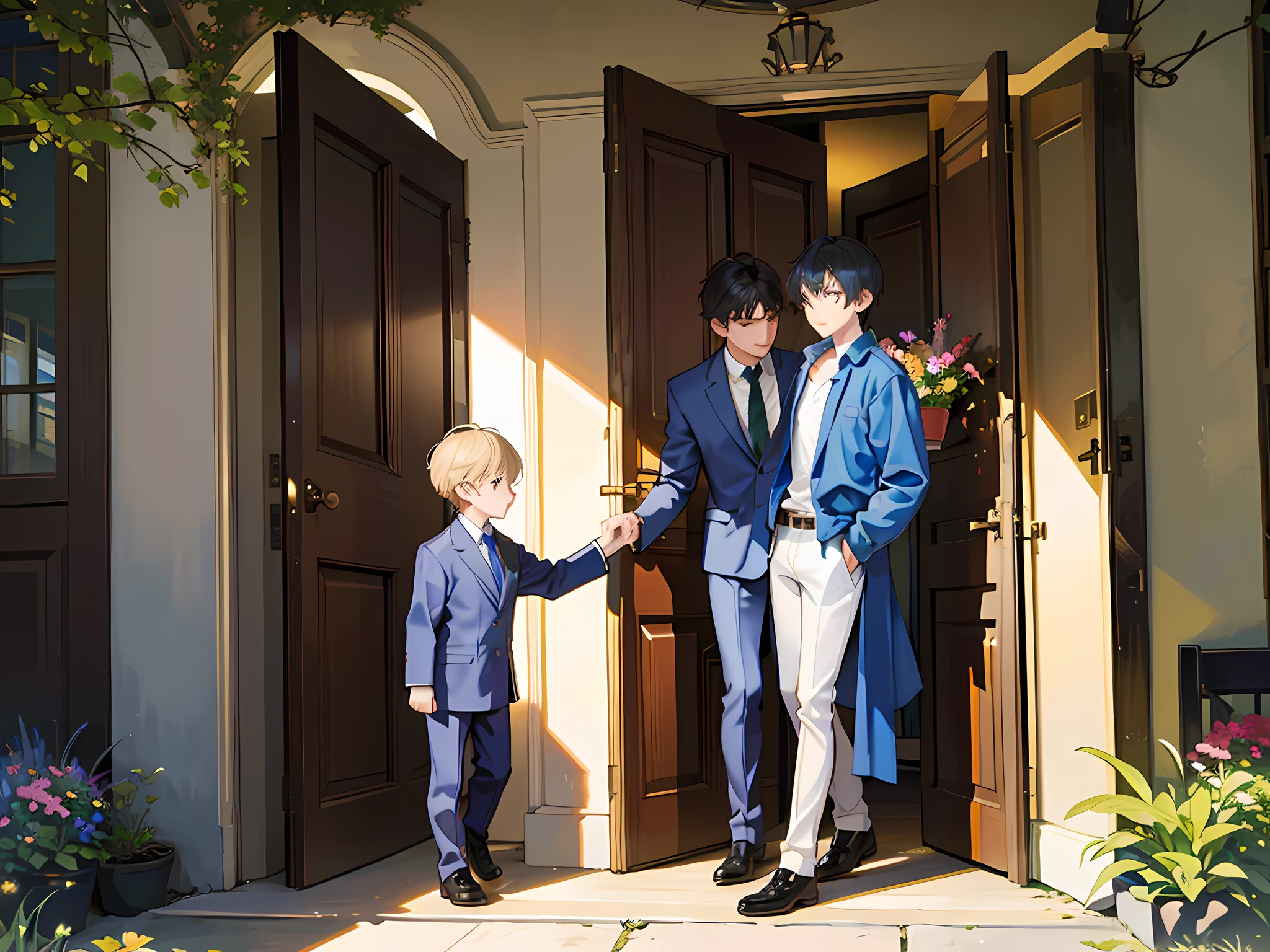 The adult took the little boy's hand and stood in the doorway, flowers and plants, dogs