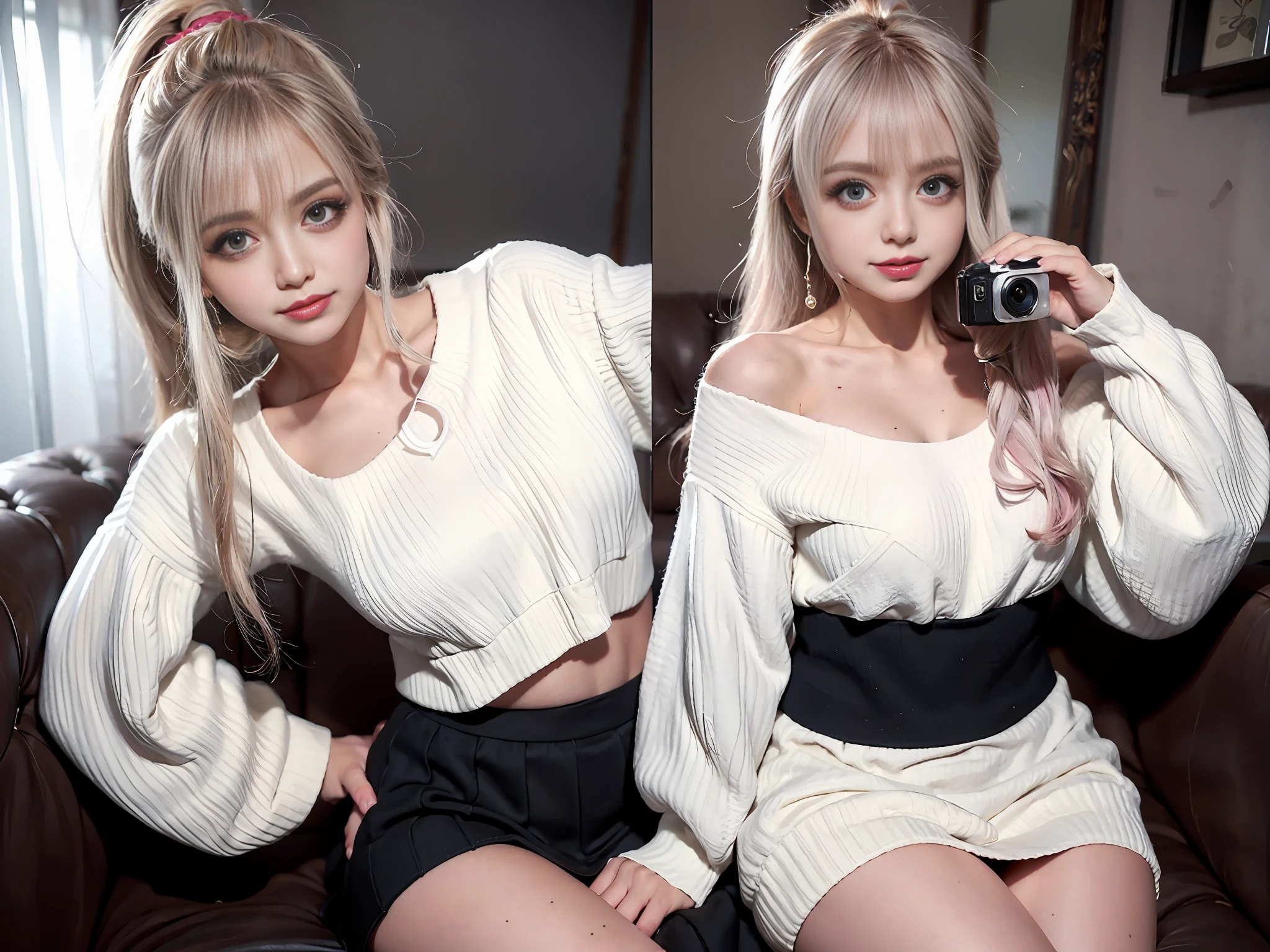 Super smile、Open your big mouth、A Masterpiece、BEST QUALITY、8k、photographic、lifelike、One girl 22 years old、(Take off a short off-Ang-shoulder white sweater、Black skirt、pull)、(Detailed natural breasts)、(fullllbody)、(Sexy posing)、soft lips, (Look at Camera:1.6), pale skin, (Feng Emu pink hair), (Fine eyes:1.3), (Floating hair in a ponytail), and depth of field, Blushing, shyness, blue eye, (Random Color Bar), bangs,, ULZZANG-6 persons 500-v1 Mature Mature Mature Mature.1, PureErosface_v1 Mature Mature Mature Mature:0.4, forest、、, Detailed hot springs, dvd, Detailed Japan garden