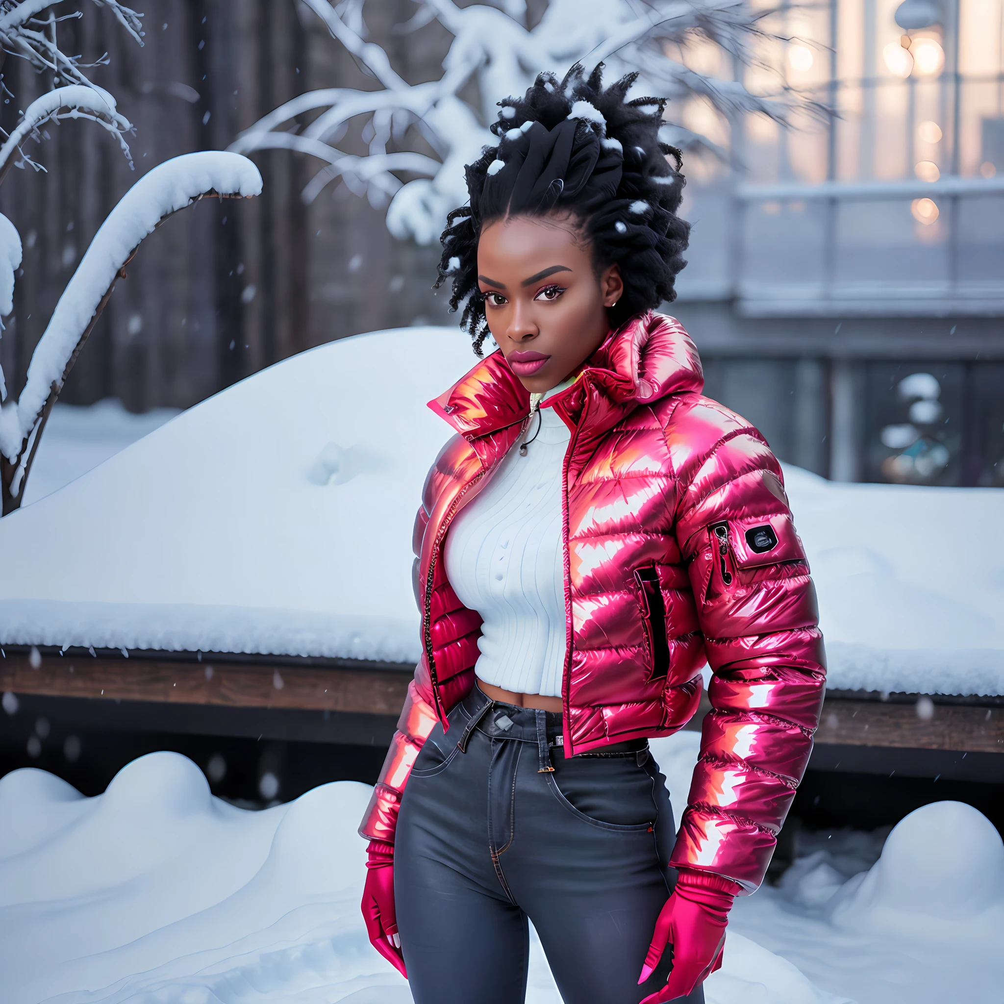Creates a hyper realis image of a (((full body woman))) with perfect African facial features, black hair stylish afro combed details in high definition, with nice expression, wearing (((Balenciaga puffer oversized style jacket:1.5 ultra definition red))) (((vivid color red jacket, neon, metallic, reflective))), (playing gracefully with snow) in front of the camera with excellent lighting,  Hyper realistic natural landscape realistic colors of snow environment, best quality, top quality, masterpiece, imaging, high resolution photography camera lens 100mm