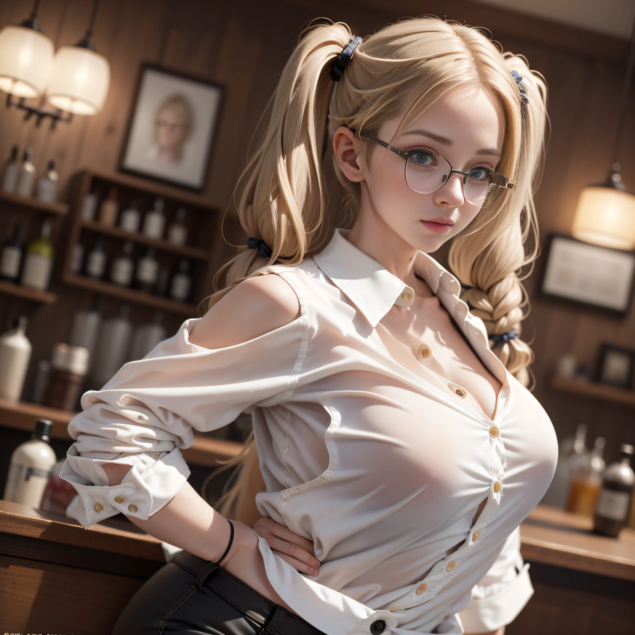 Masterpiece, 16k, realisticly detailed, foto quality, best quality, a woman with blond pigtails, glasses, wears a very tight, white button-up shirt, her boobs are ((very large)), buttons hold barely together, huge (button gaps), tight black hotpants, standing in a bar, her arms are bound behind her back --auto --s2