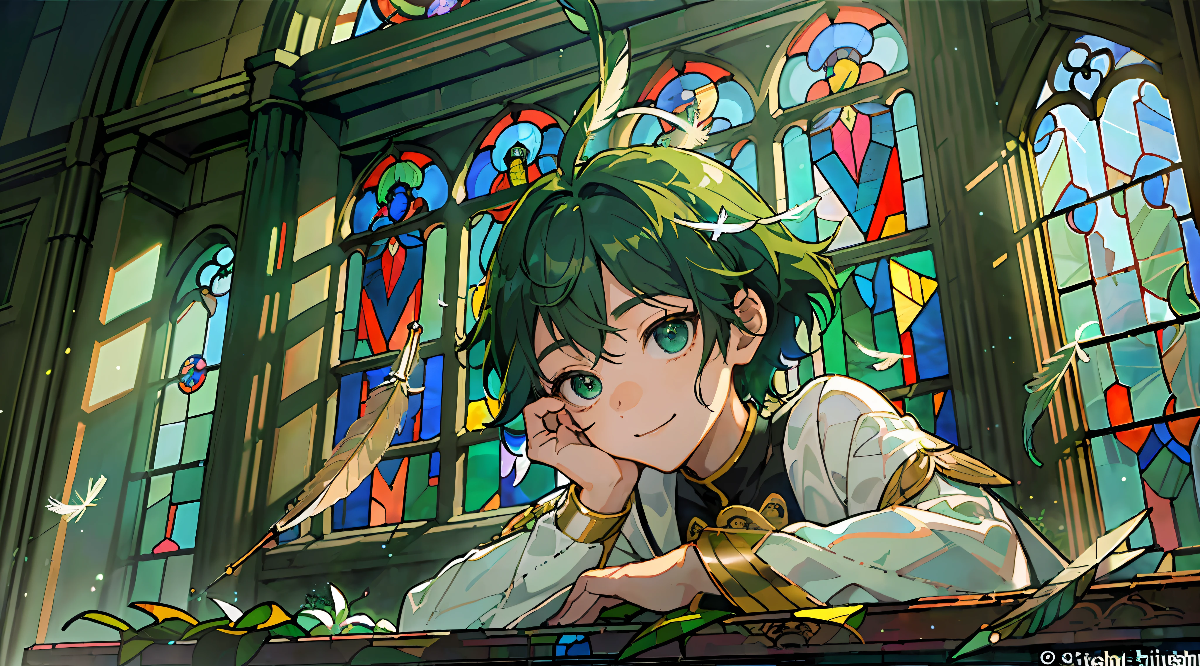 ((A Masterpiece:1.4、BEST QUALITY))、((A Masterpiece、BEST QUALITY))、(Churches:1.2)、(fragment:1.2)、(Stained glass:1.3)、Pillar、Sky cover、podium、Izuku Midoriya、vocation、short green hair and big eyes、Boys、delicate hair、kind smile、(Particles of Light)、(feather:1.3)、(Sunlight coming in through the window)、Bright atmosphere、(Behold:1.3)、cowboy Shot