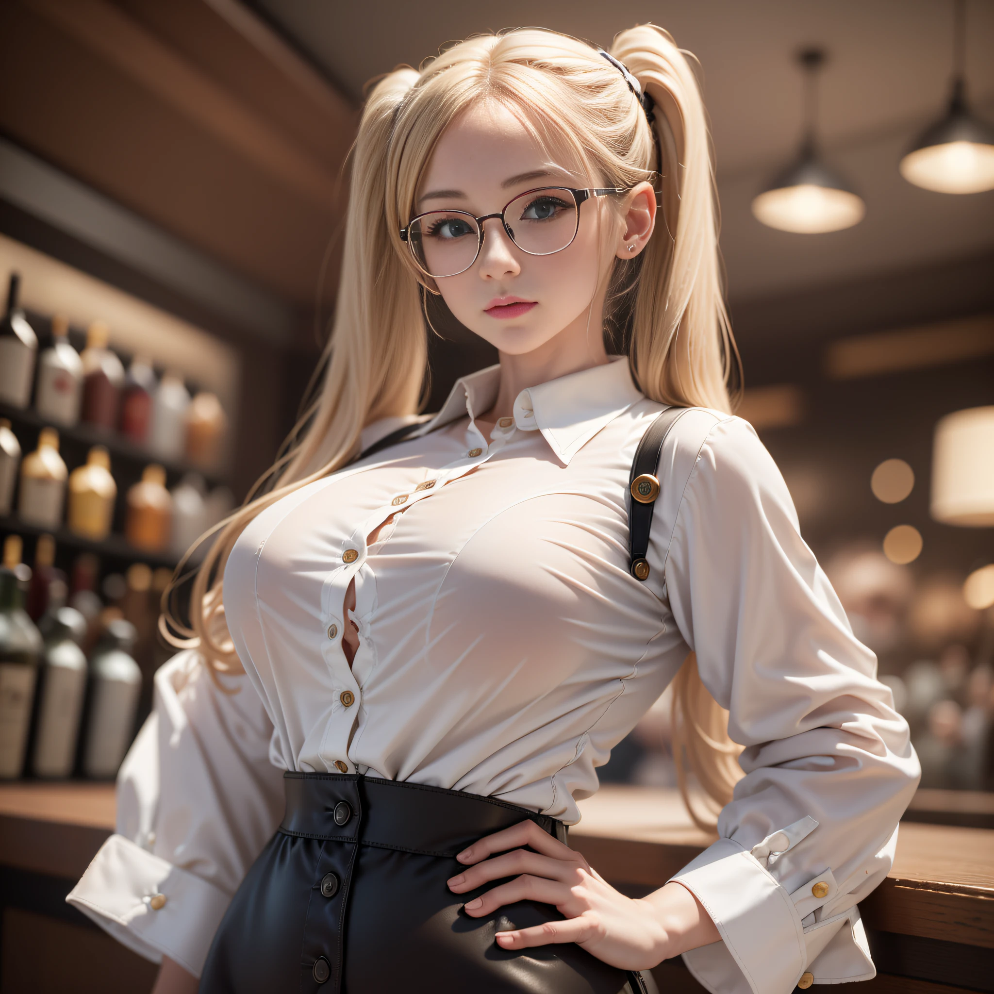 Masterpiece, 16k, realisticly detailed, foto quality, best quality, a woman with blond pigtails, glasses, wears a very tight, white button-up shirt, her boobs are ((very large)), buttons hold barely together, huge (button gaps), tight black hotpants, standing in a bar, her arms are bound behind her back --auto --s2