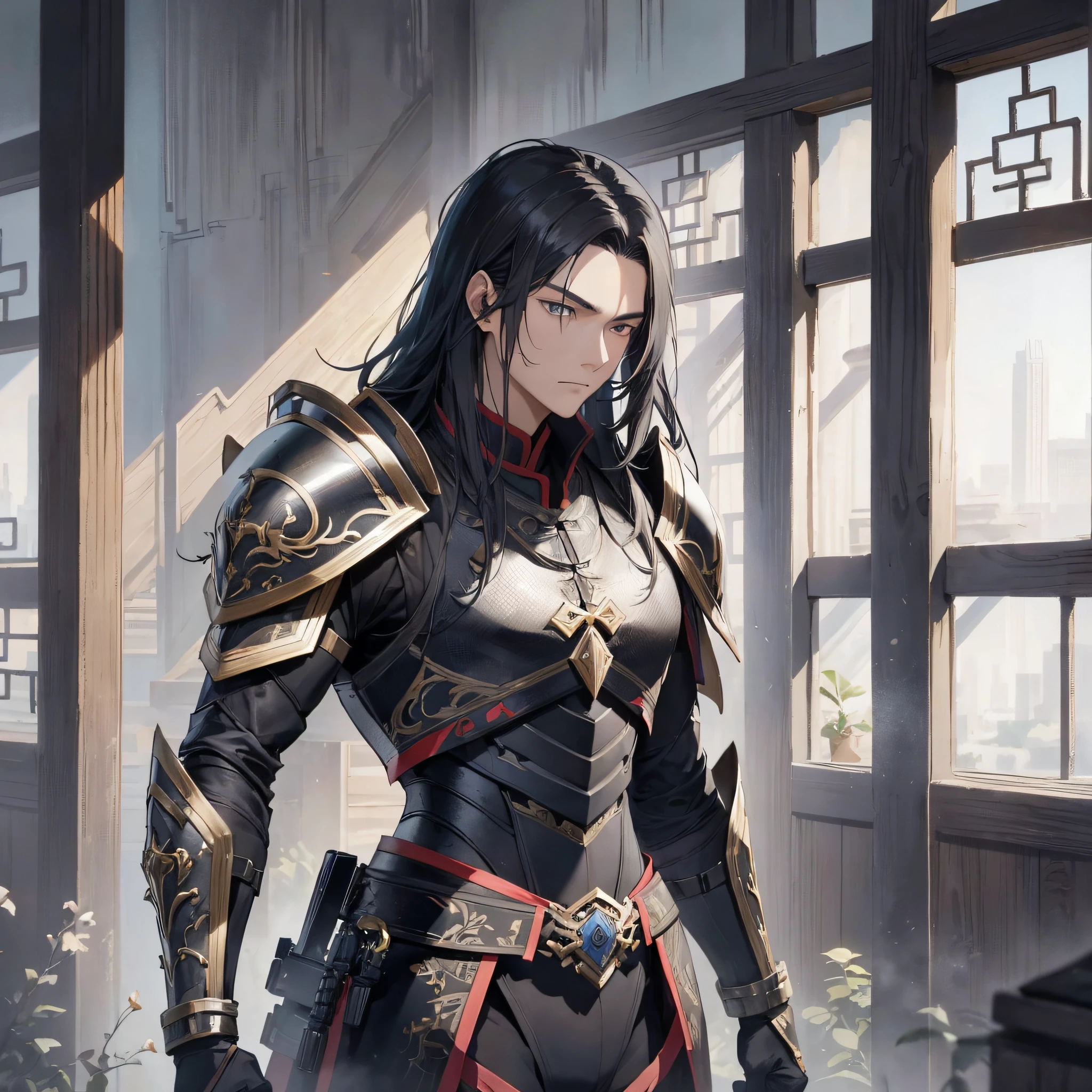 Absurd resolution, high resolution, (masterpiece: 1.4), hyper-detail, ancient Chinese, black long-haired young man (1.3), armored warrior in black armor, standing silently in the room, sad expression