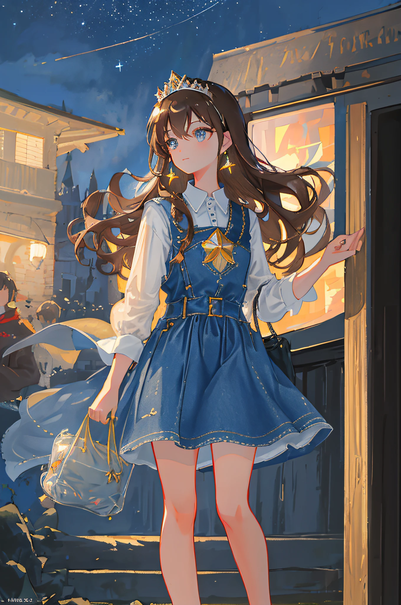 mksks style, masterpiece, best quality, CG, HDR, high quality, hd, very detailed, close-up, denim shot, 1girl, standing, mature woman, earrings, princess, dress, tiara, brunette hair, long hair, flat bangs, medium chest, looking at the audience, outdoors, (fortress, castle), landscape, starry sky, night,
