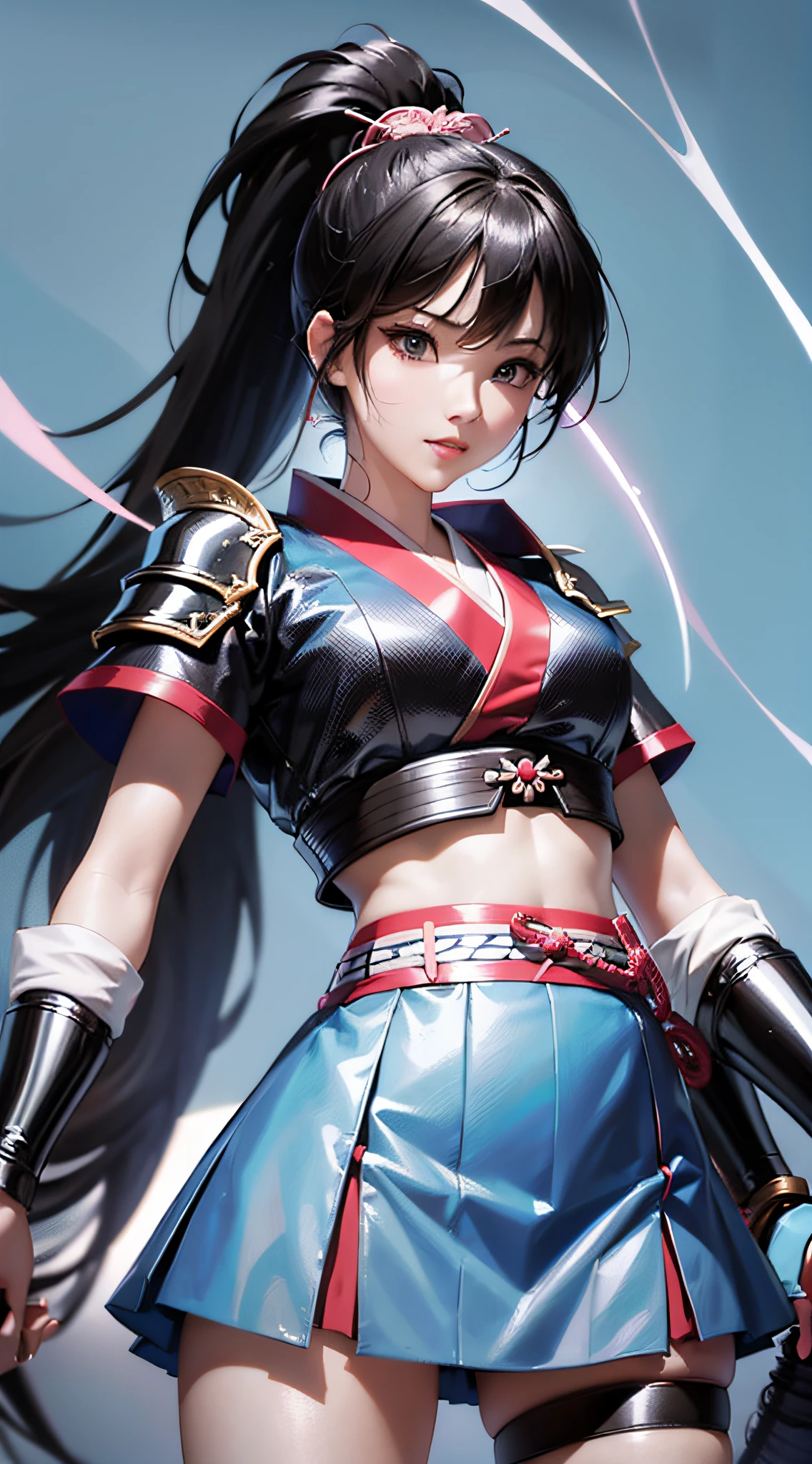 samurai girl, oriental, korean, dark black hair,（Straight hair or ponytail）, k pop idol, Detailed, 1 girl, beautiful, ((Thin laughter)), 8ｋ, artwork, Hyper realistic, wallpapers, Mini skirt, samurai armor, （Standing）, rise, open legs, Pantie, panties appearing, Light blue panties, up skirt, cameltoe, thong, pantyshot, ((Light blue lighting))