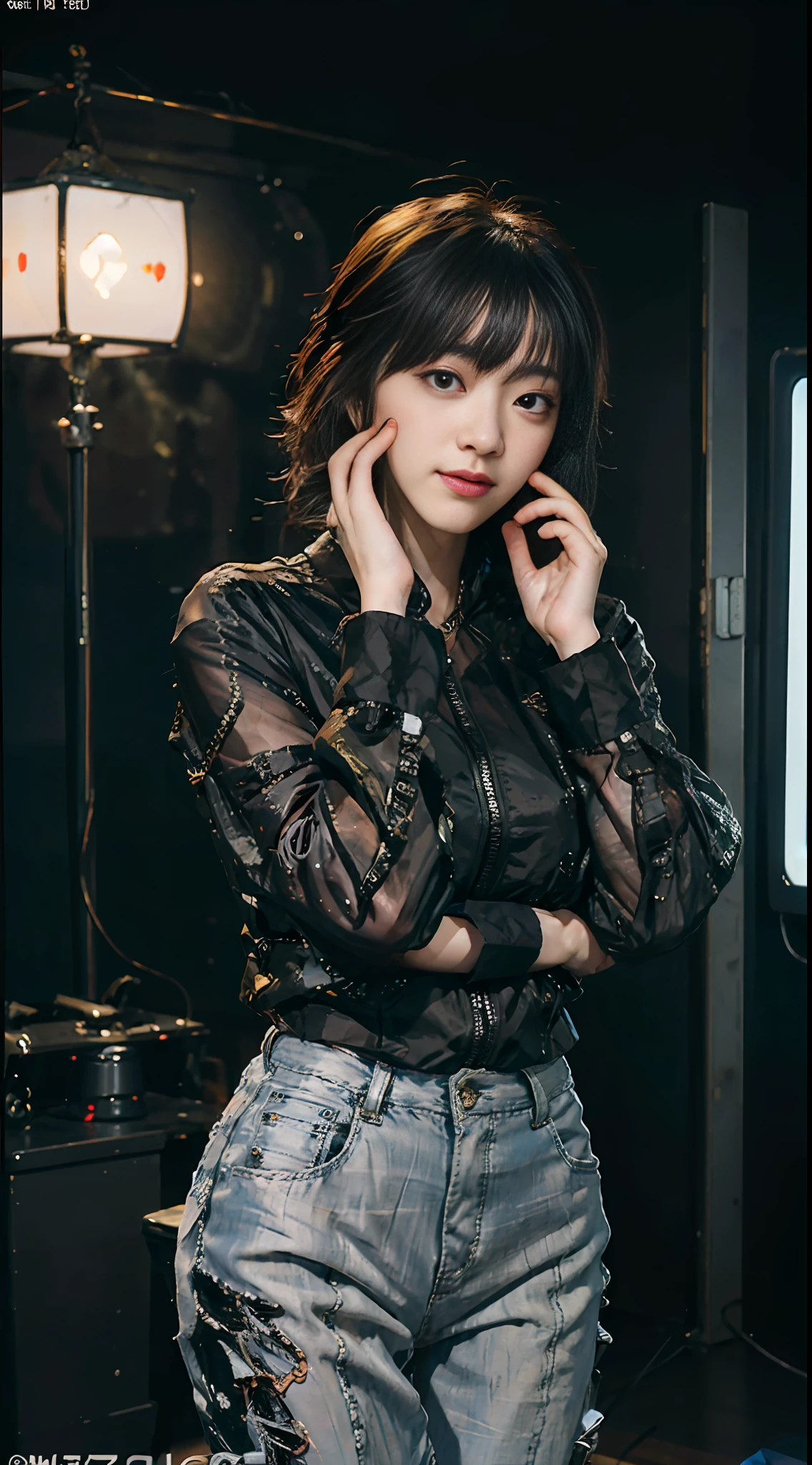 (8k, RAW photo, best quality, mastery:1.2), (realistic, photo-realistic:1.37),(Kpop idol), (aegyo sal:1),cute,professional lighting, photon mapping, radiosity, physically-based rendering , cosplay, lucy \(cyberpunk\), bob cut, mechanical parts, grey eyes, black tight suit, cyberpunk city, black pants, night, neon lights, sexy, smoke, looking at viewer,, 8k 高分辨率, 8k, CG壁纸, 现实, 清晰的背景, 中等乳房, 全身