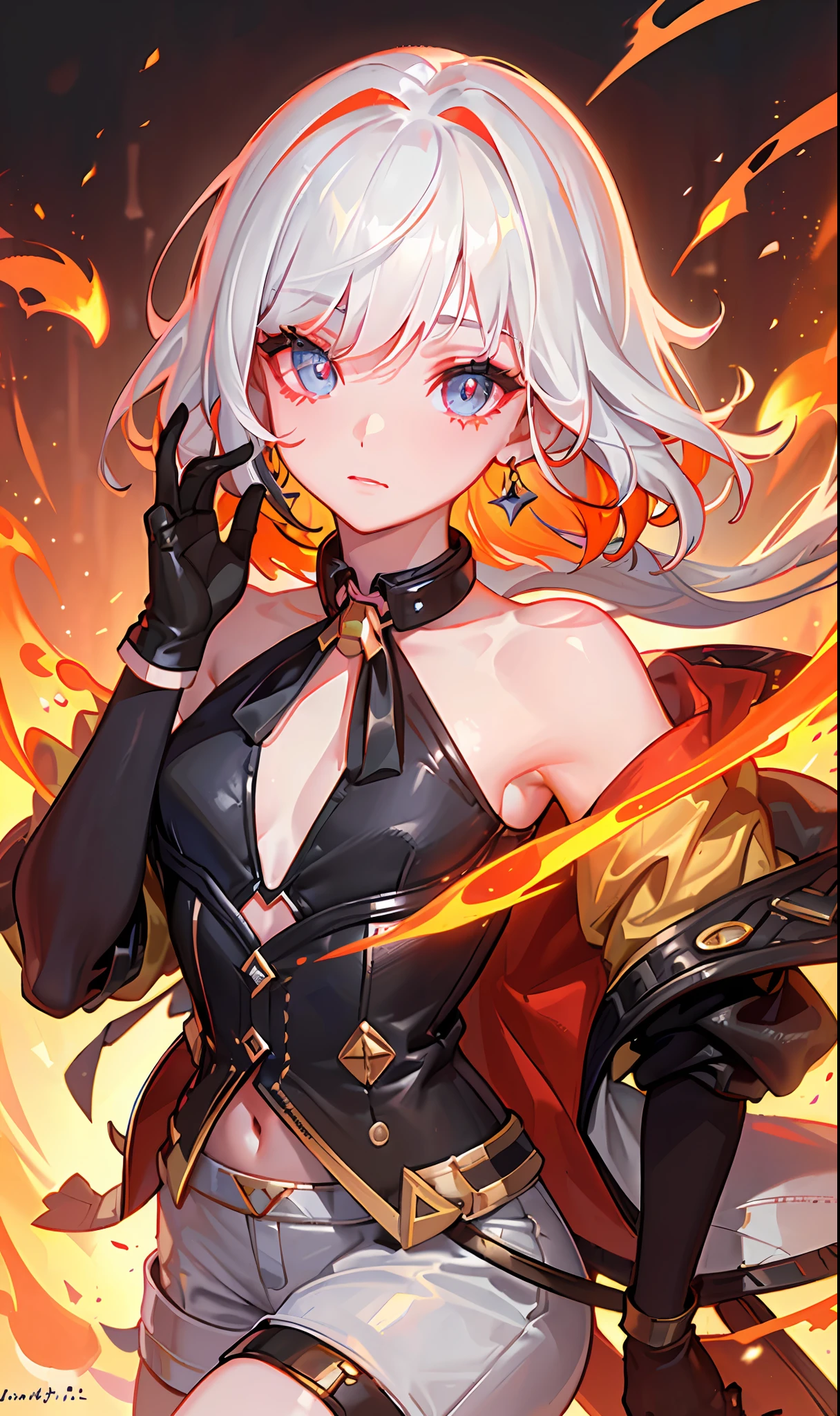 (Masterpiece, Side Light, Fine Beautiful Eyes: 1.2), (Masterpiece* Portrait), Portrait, (Bust), Realistic, 3D Face, Sweet Skin, ((Solo), (Close-up of Face), (Fire Opal-like Eyes), Hanging Corners of the Eyes, ((High Detail Skin, Visible Pores)), (Perfect Figure), A Beautiful Girl, Small Tits, (((Five-point Jacket)), ((Neck Ring), (Short Glove as Short as Half the Palm)