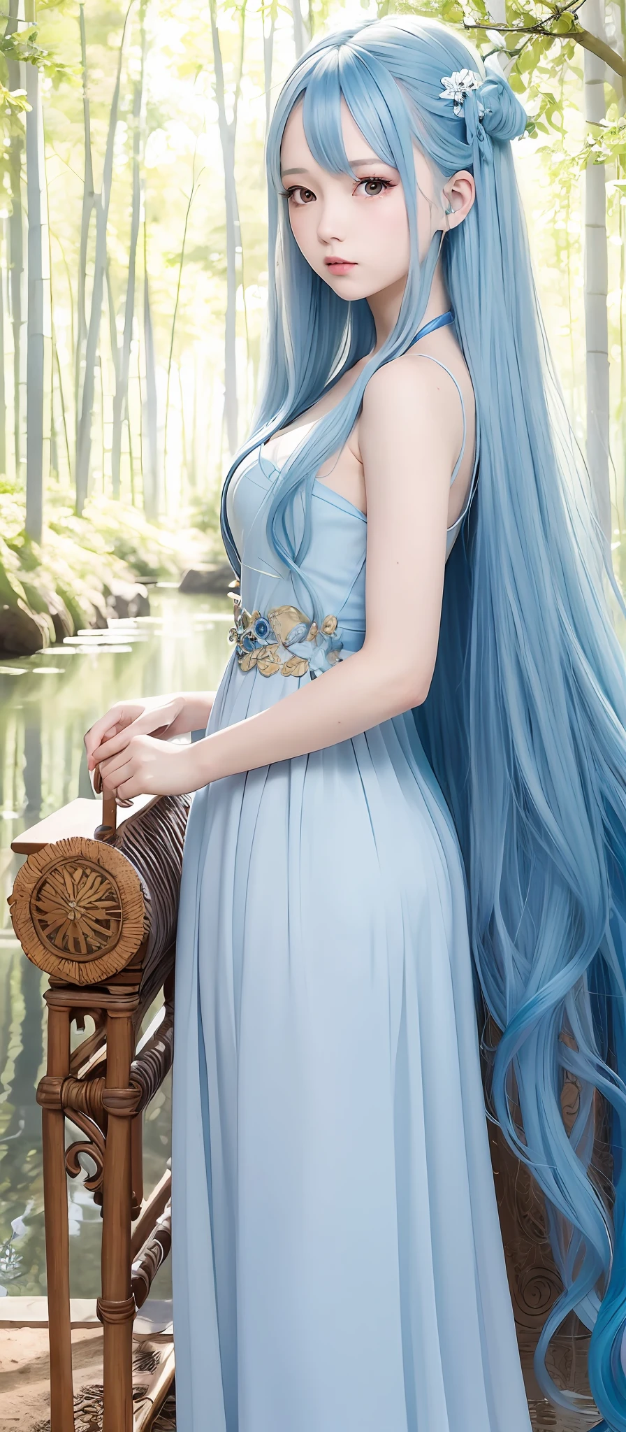 Masterpiece, best quality, official art, 8k wallpaper, very detailed, illustration, 1 fairy, sky blue hair, long hair, detailed eyes, Forrest, bare shoulders, hanfu, lake, pure, soft smile, bamboo,