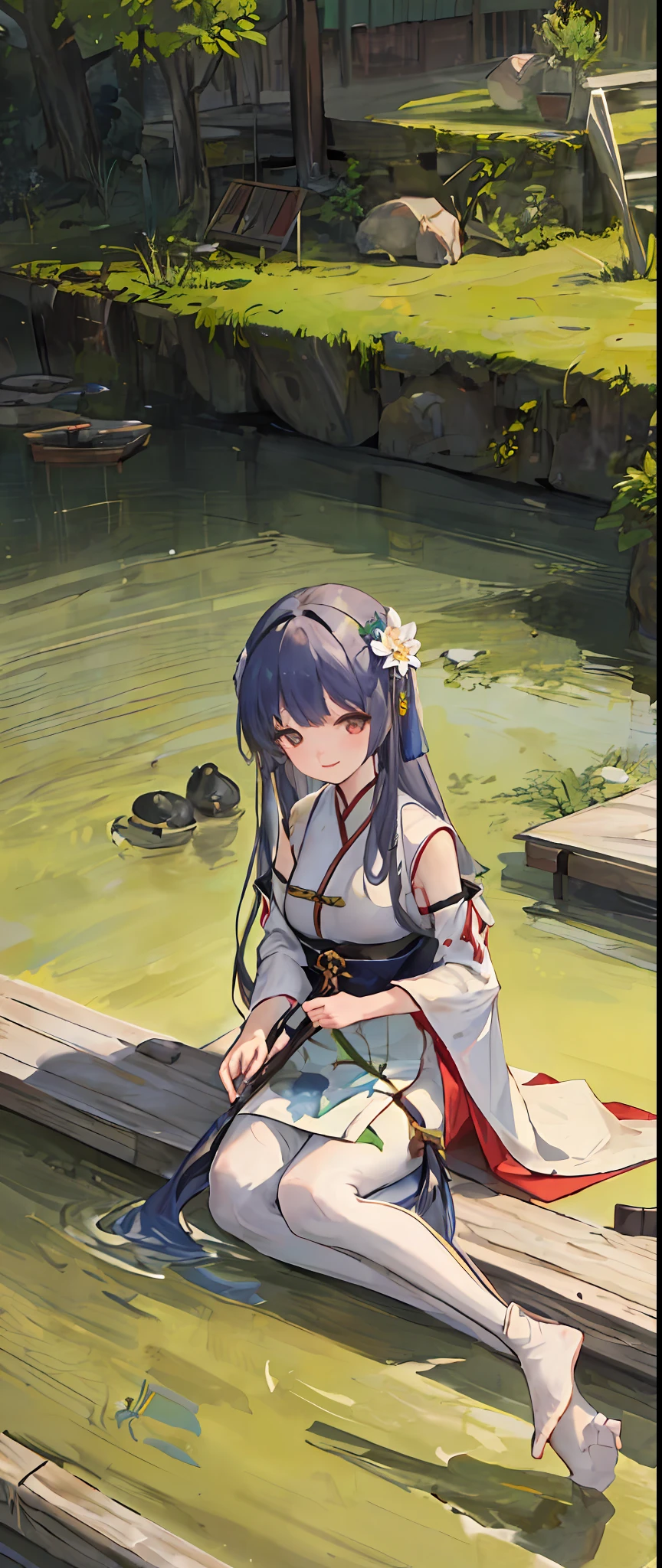 ((4k,masterpiece,best quality)), shuimobysim, traditional Chinese painting, lotus flowers, Hanfu, maxiskit, Dress conservatively 1girl, solo, blue long hair, smiled, standding, Feet in the water, white pantyhose，