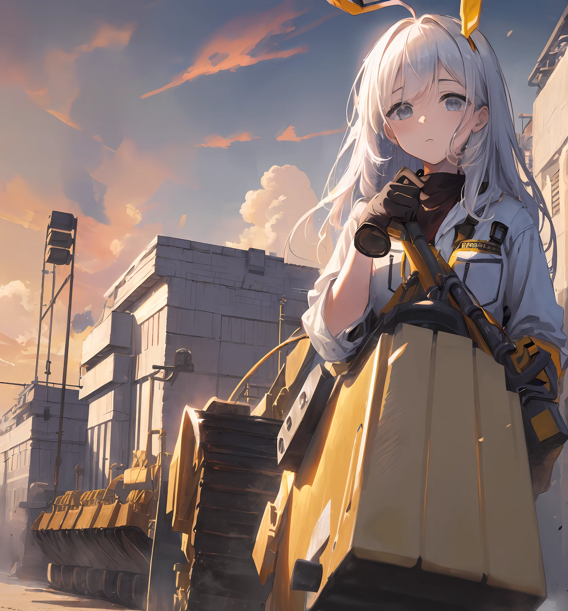 ((((Heavy Equipment)))), Masterpiece, Top Quality, High Detail, Unity 8k Wallpaper, Dump Truck, 1 Girl, Heavy Machinery, Gradient Hair, Hair Between the Eyes, Ahoge, Age: , Pretty face, White Niso,